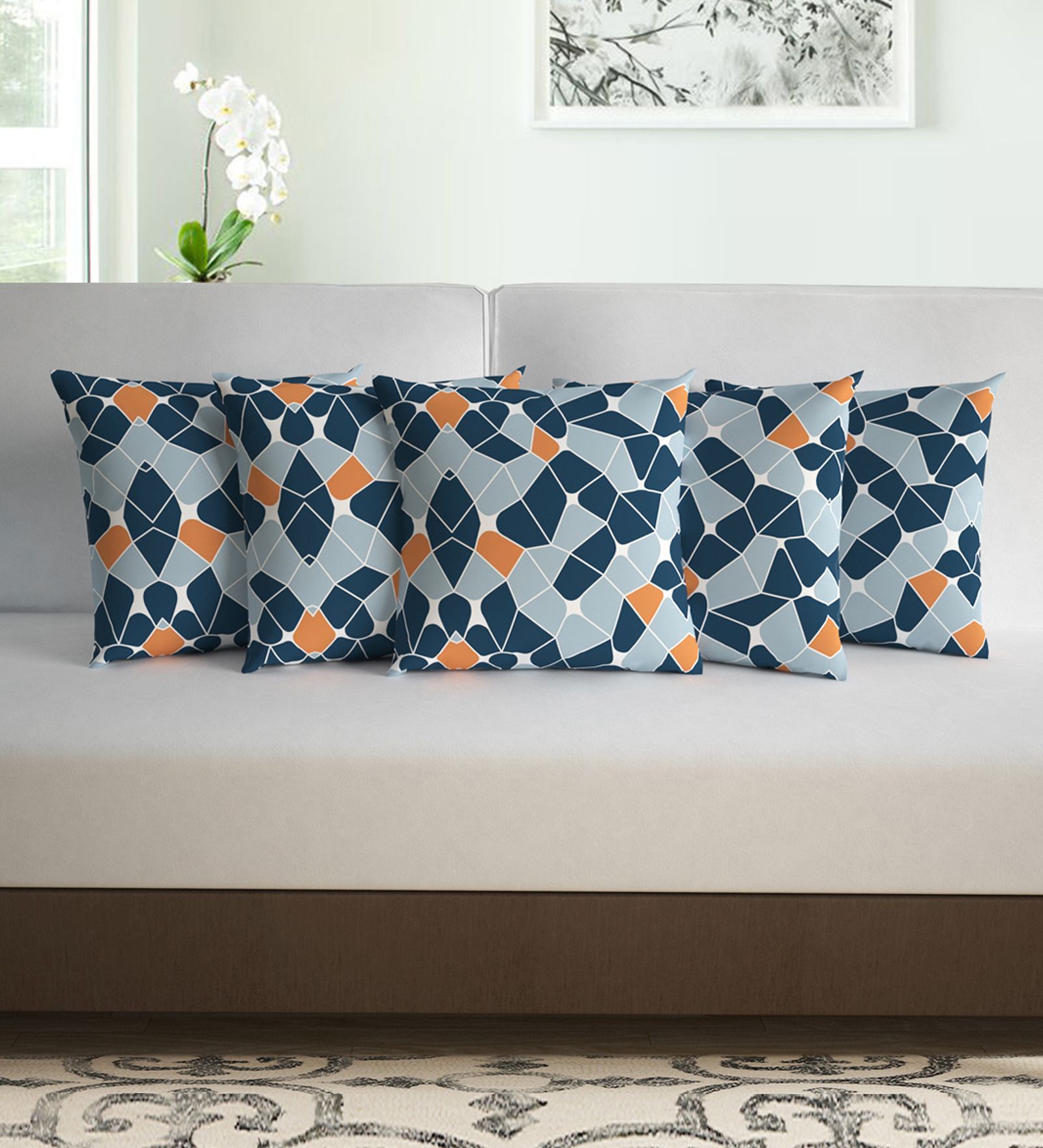 Blue & Orange Microfiber Abstract 16X16 Inches Cushion Covers Set Of 5