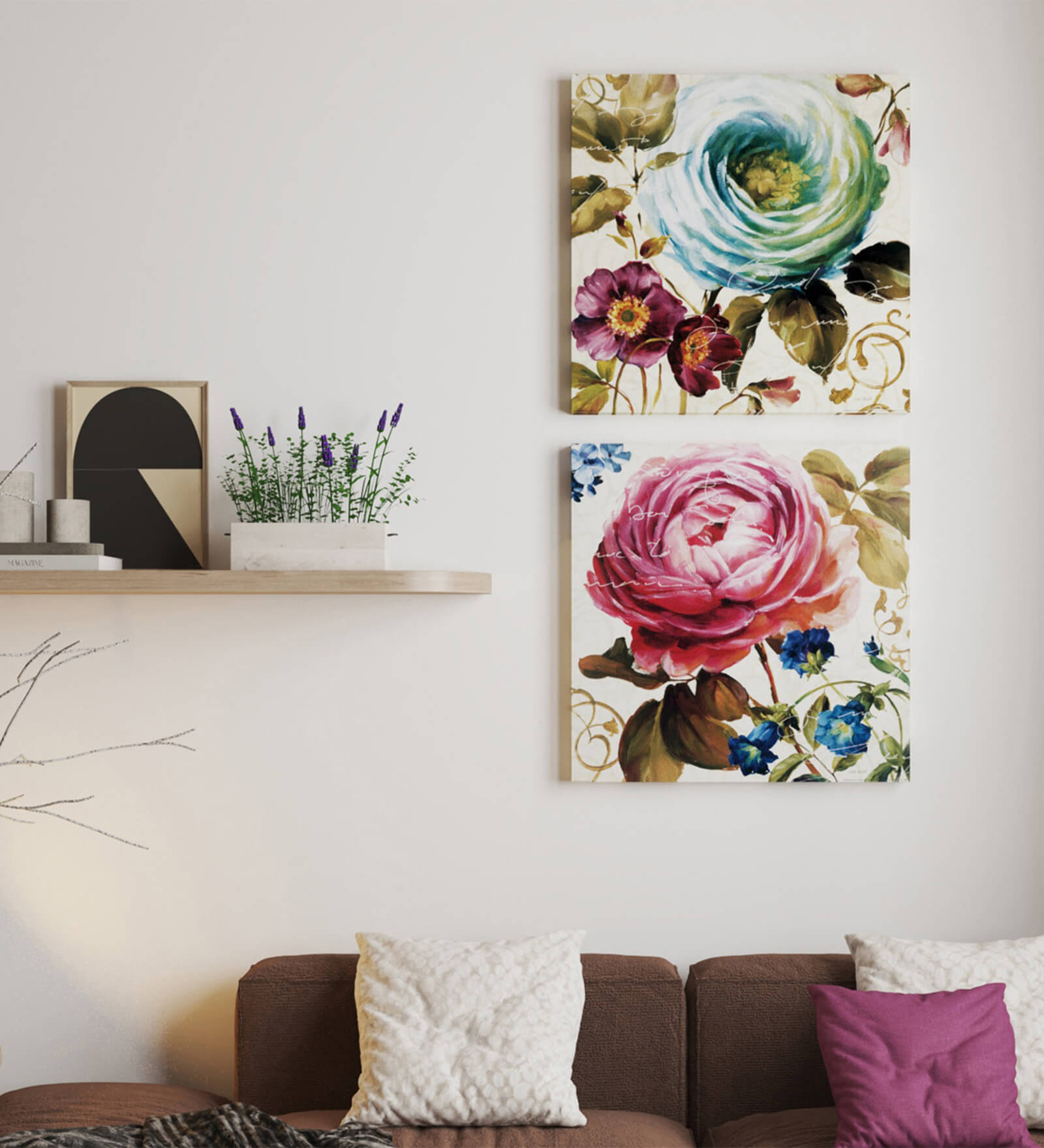 Blue & Pink Floral Theme Canvas Painting Wall Art Painting Posters and Print (Set of 2, 24x24 Inch)