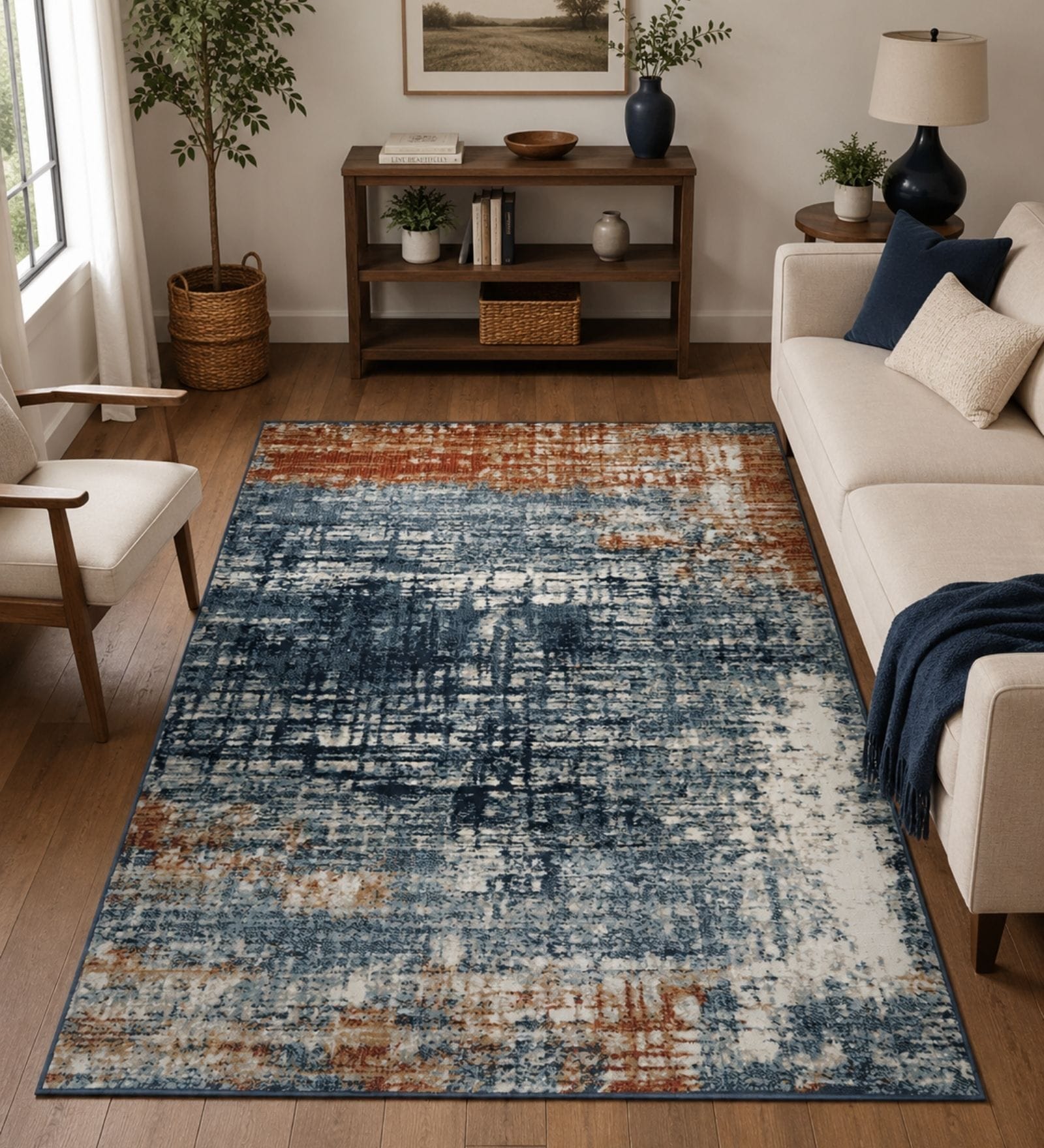 Blue & Rust Abstract PP Heatset 3 x 5 Feet  Machine -Made Carpet