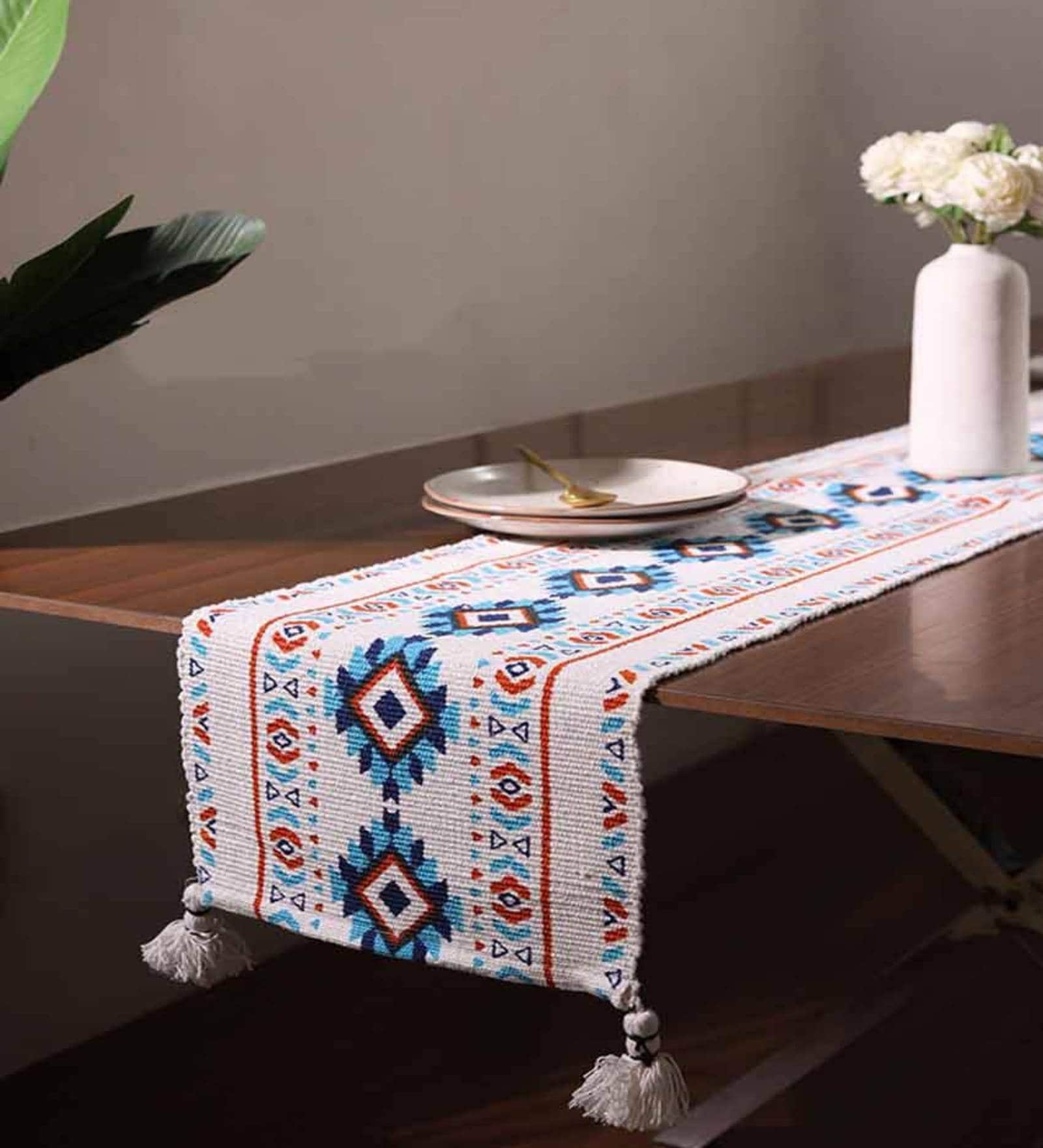 Blue & Terracotta Bohemian Tribal Pattern Woven Table Runner with Tassels