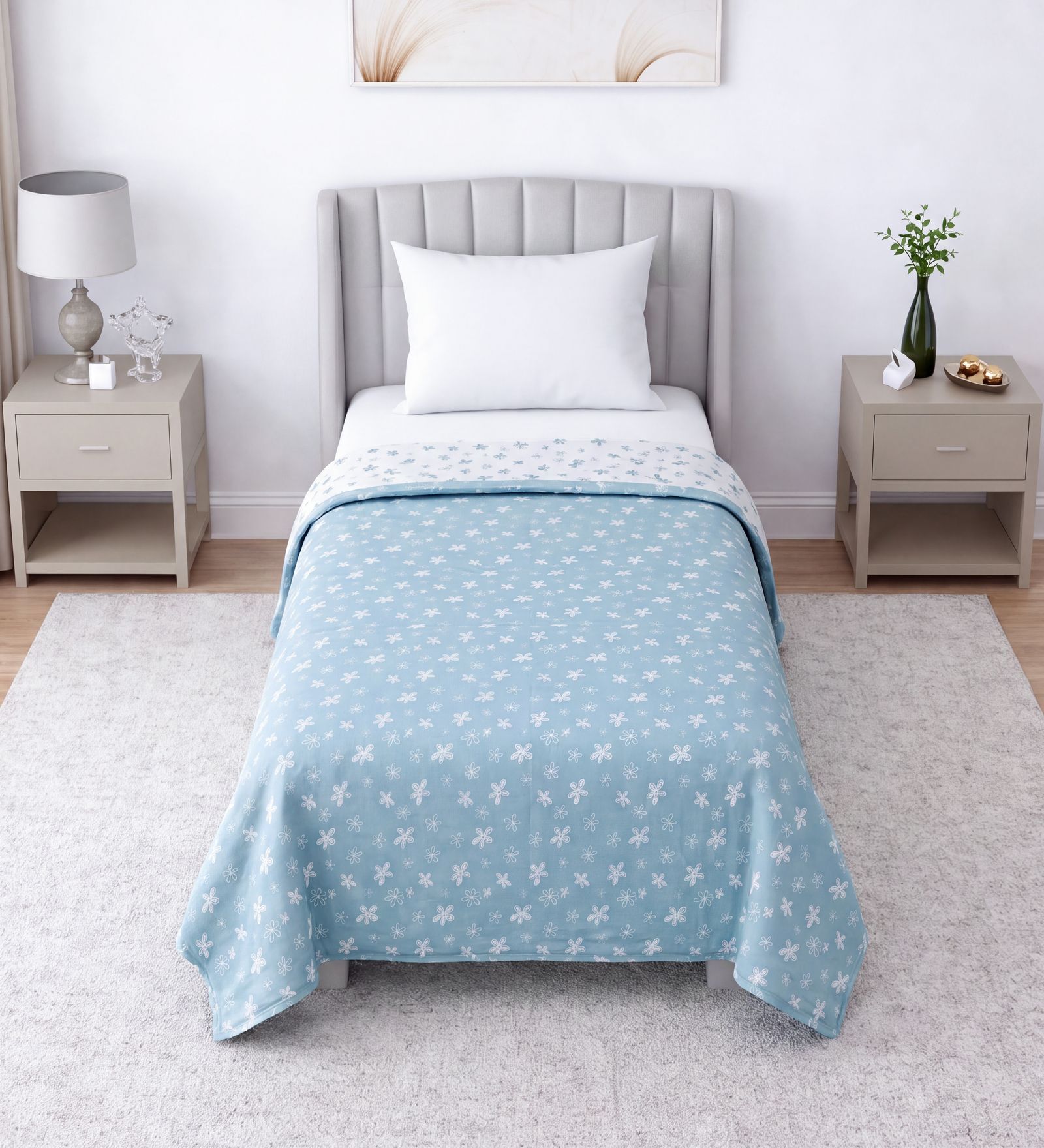 Blue & White Cotton Floral 350 GSM Single Bed Reversible Dohar