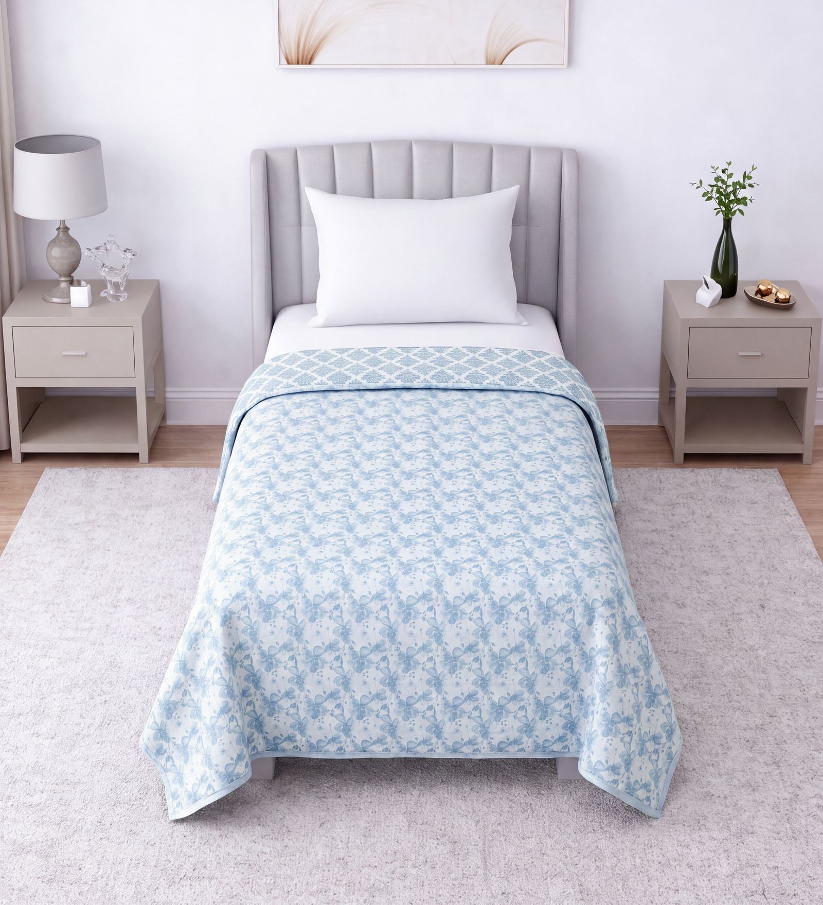 Blue & White Cotton Floral 350 GSM Single Bed Reversible Dohar