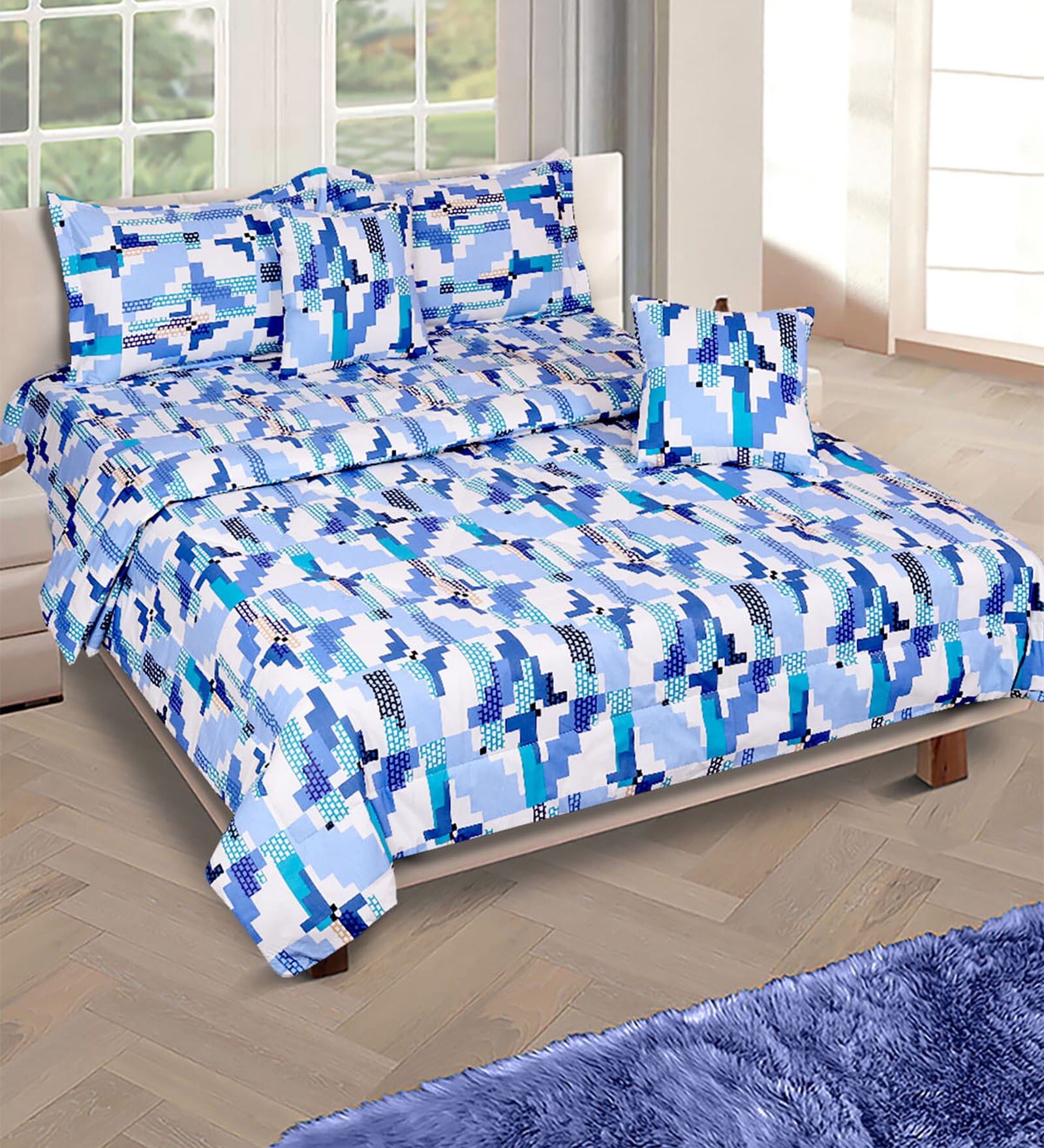 Blue & White Geometric 210 TC Cotton 6 Pieces Bedding Set Collection