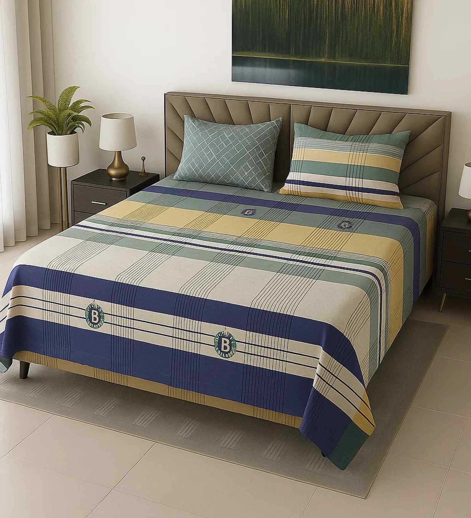 Blue & White Geometric 400 TC Cotton SuperKing Sized Double Bedsheet with 2 Pillow Covers Luxury Series Collection