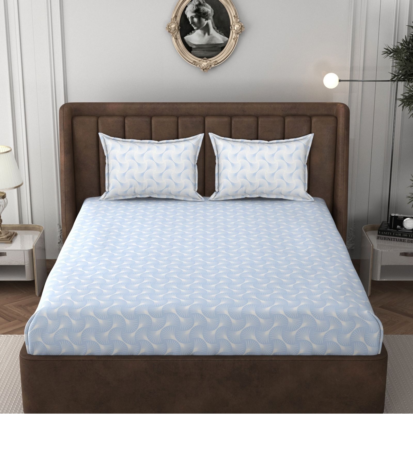 Blue & White Glace Cotton Self Design Elastic Fitted King Bedsheet With 2 Pillow Covers
