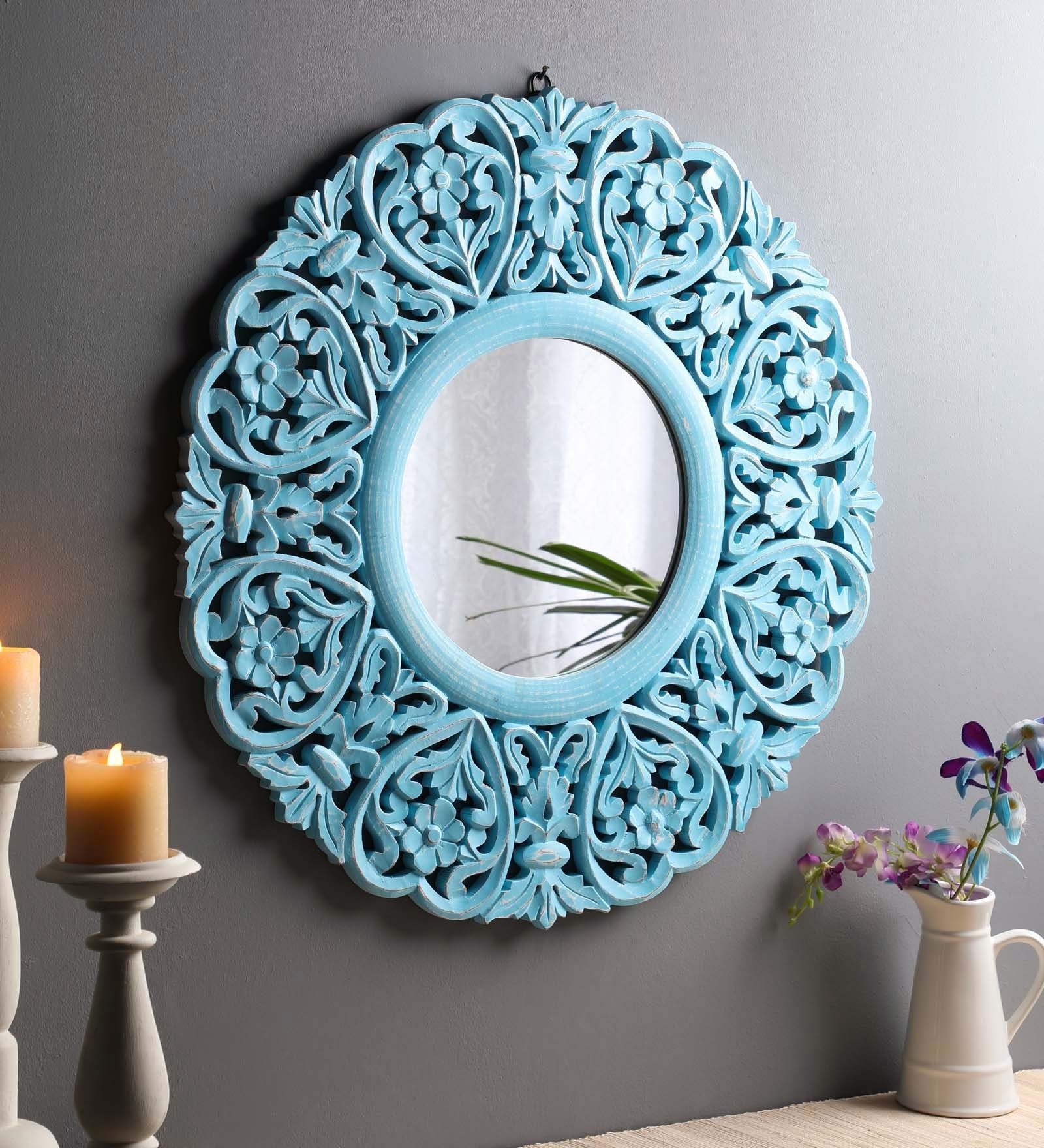 Blue & White Mdf Decorative And Handcrafted Wall Mirror