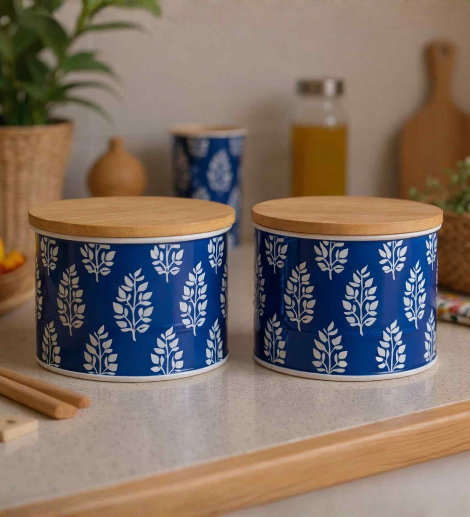 Blue & White Paisley Leaf Printed Metal Airtight Containers Set Of 2