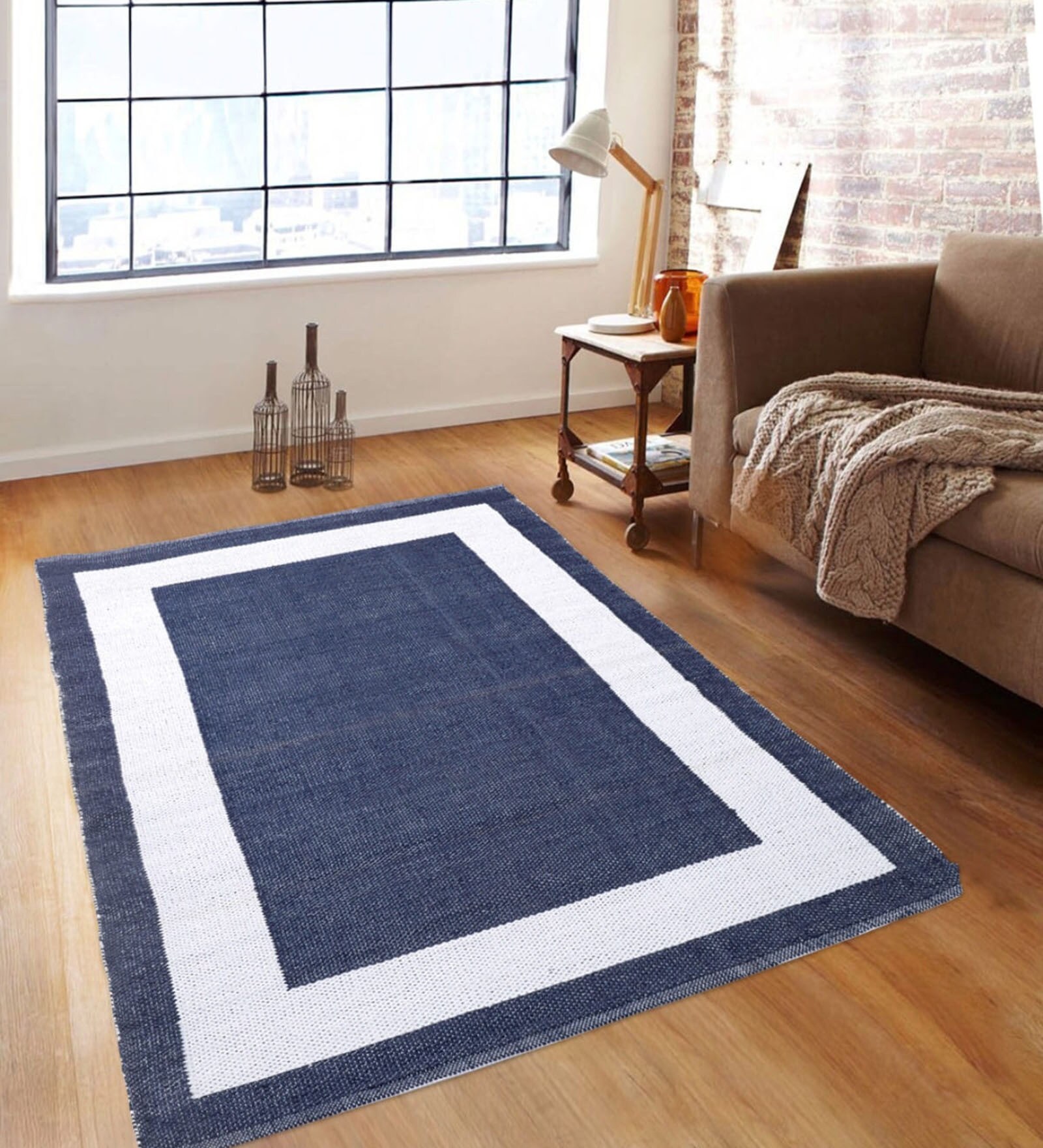Blue & White Polypropylene Geometric 3 x 5 Feet Dhurrie