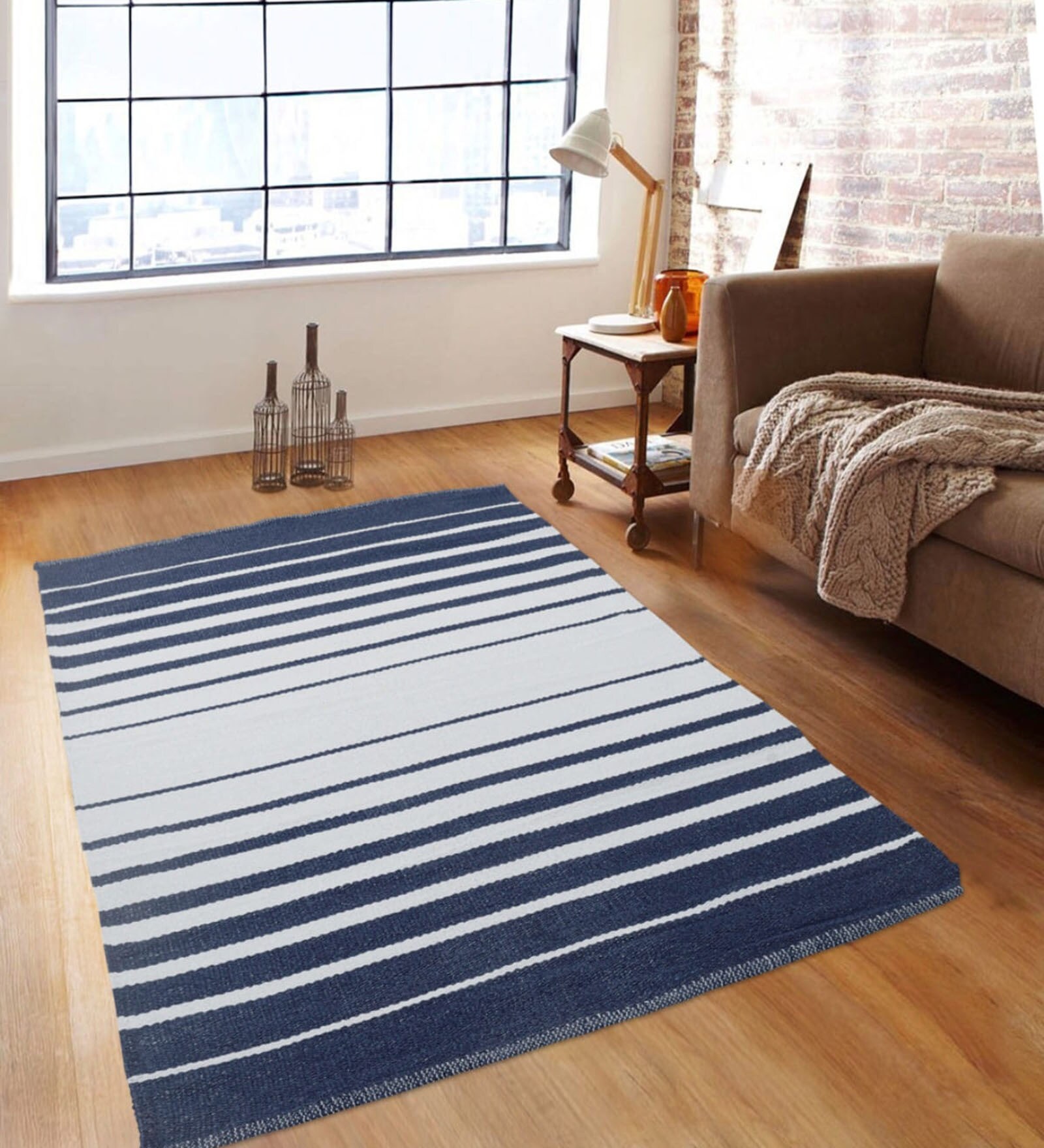 Blue & White Polypropylene Striped 3 x 5 Feet Dhurrie