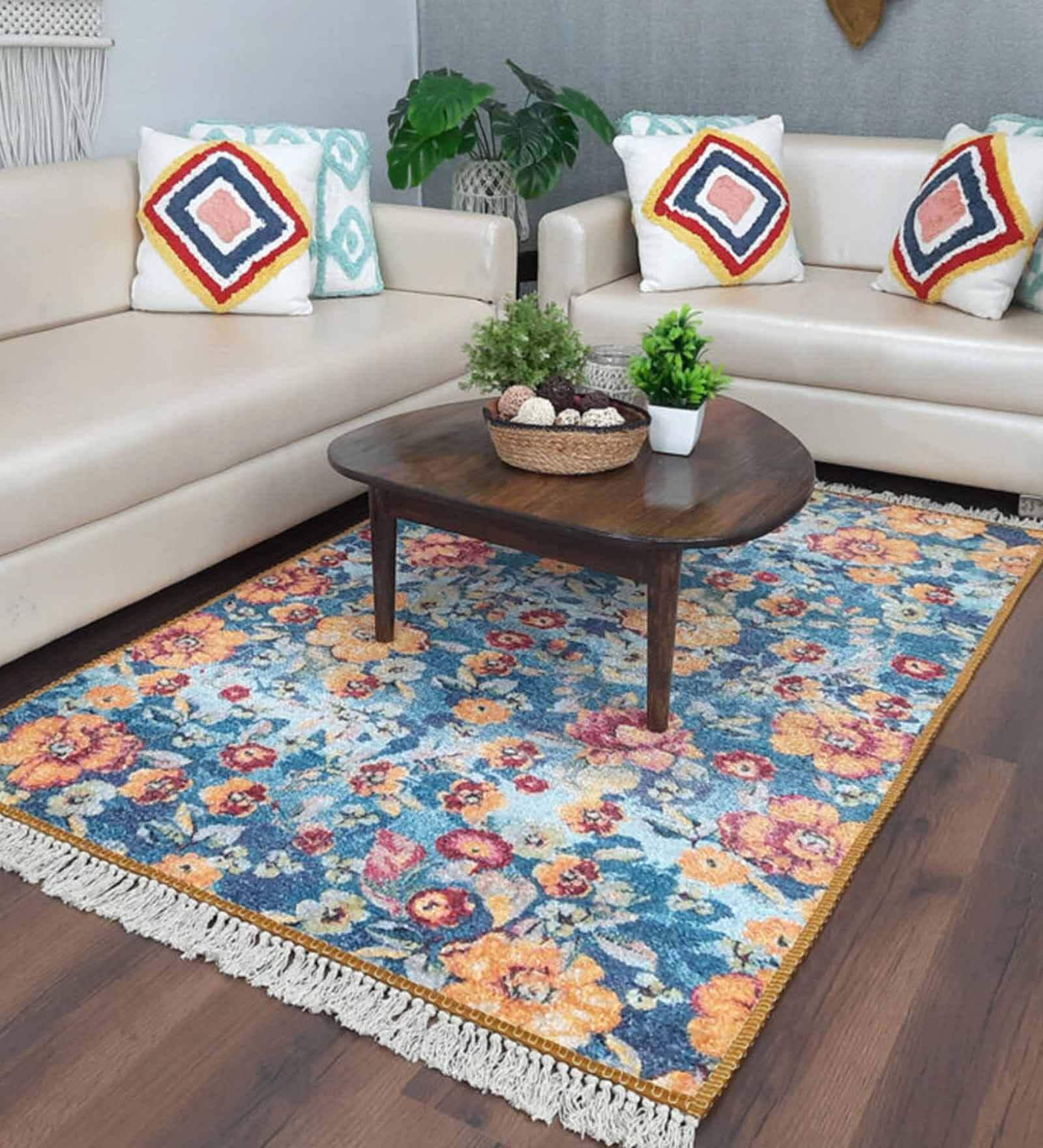 Blue & Yellow Faux Silk Floral 3 x 5 Feet Hand Woven Carpet -Avioni Collection