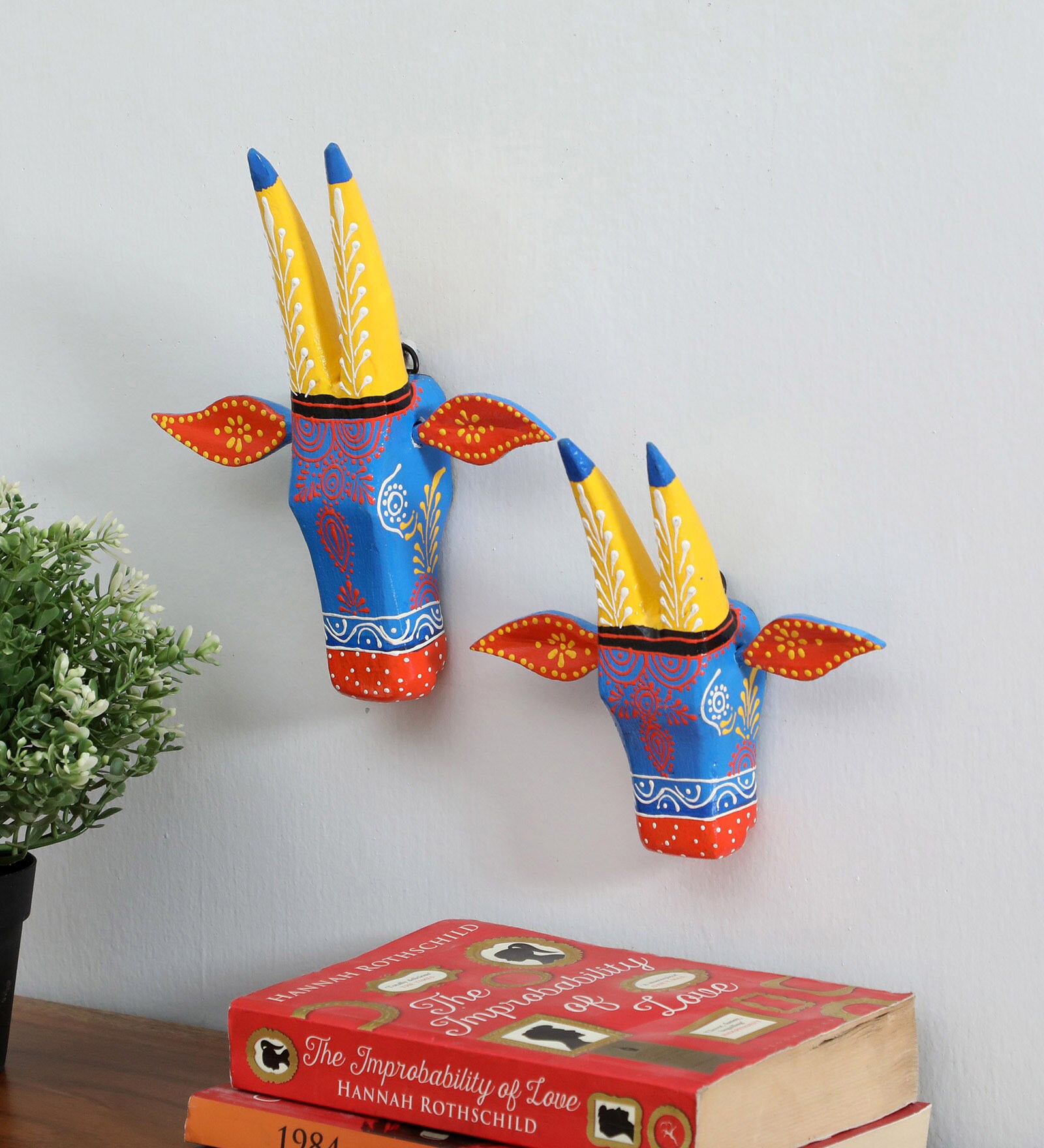 Blue & Yellow Handcrafted Cow Sclupture Mango Wood Wall Mask Set of 2