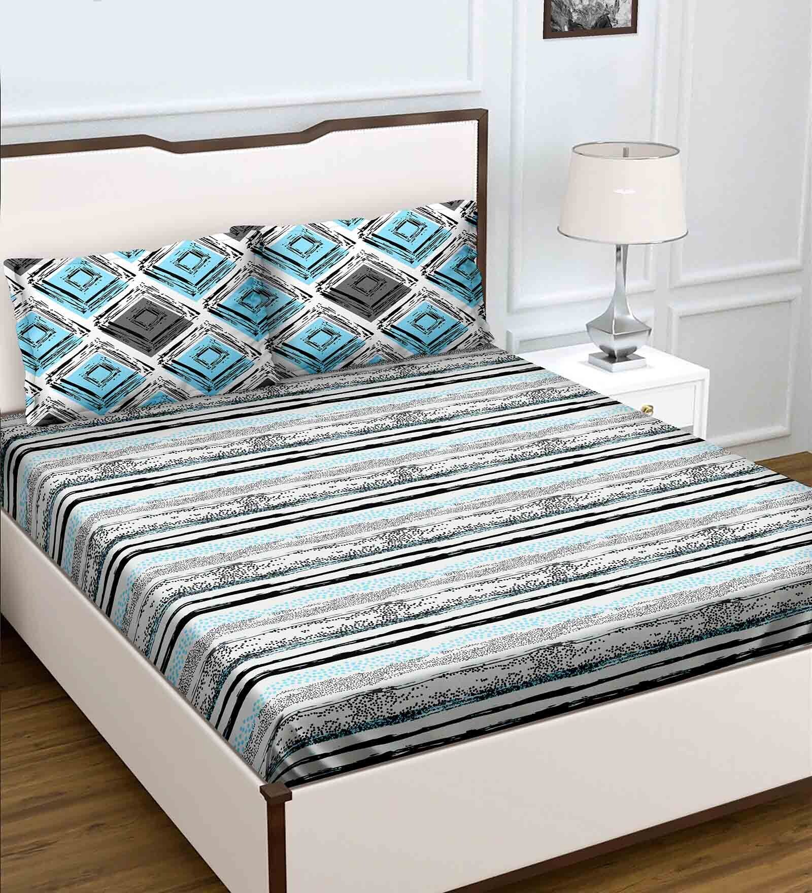 Blue Abstract 180 TC Cotton Queen Sized Bed Sheets with 2 Pillow Covers