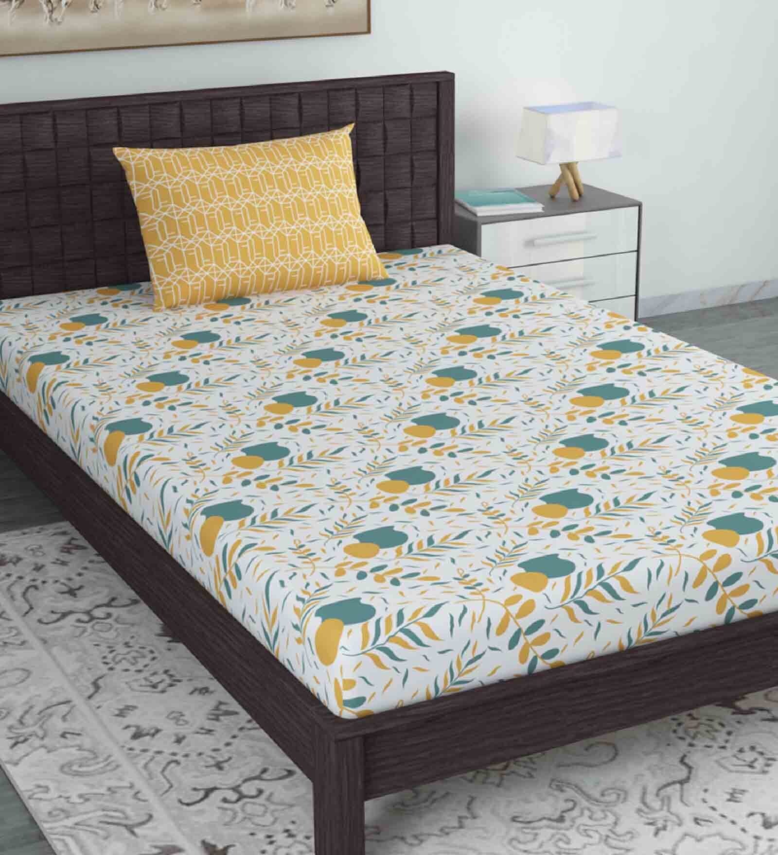 Brown Floral 144 TC Cotton Single Bed Sized Bed Sheets With 1 Pillow Cover