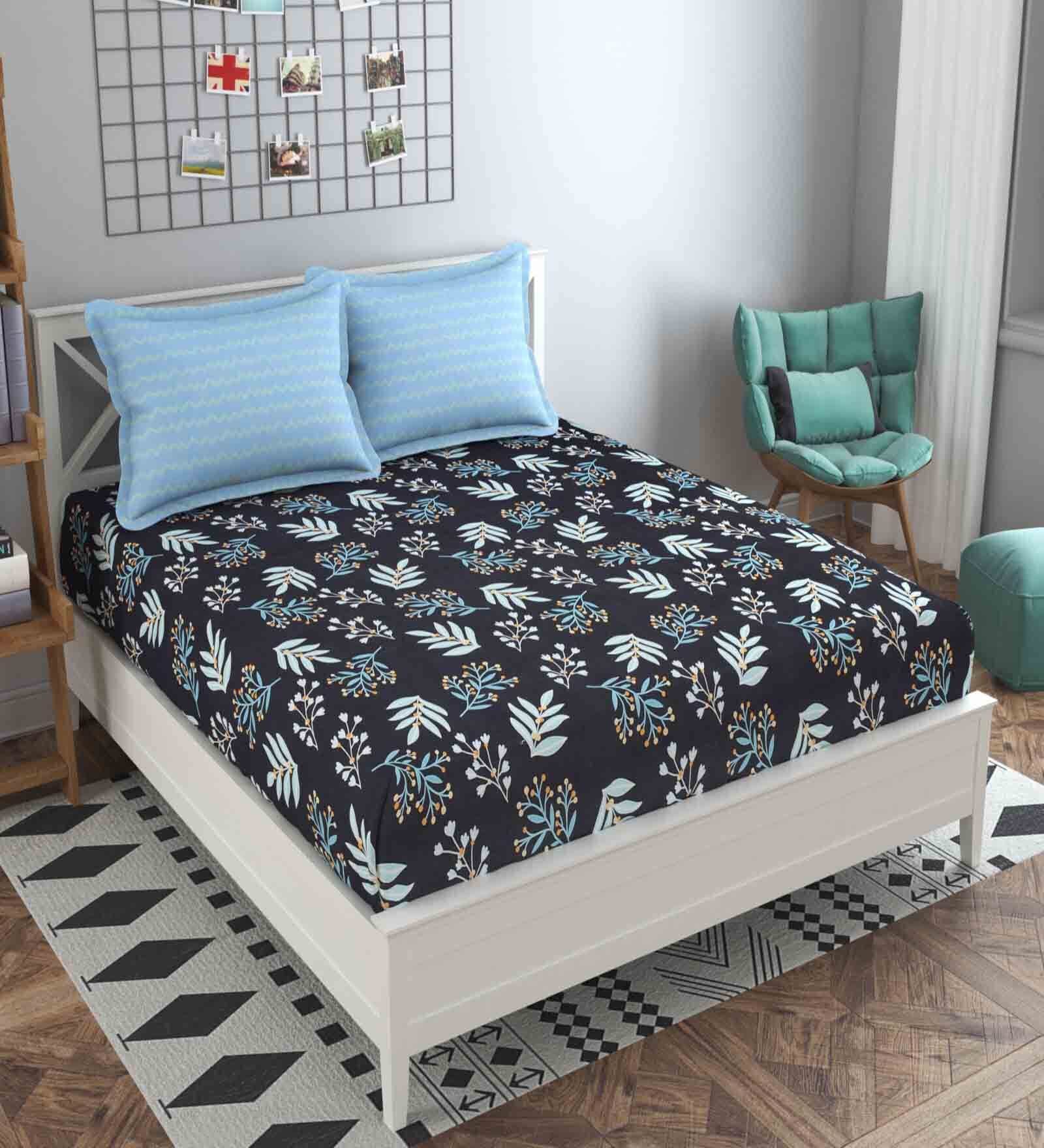 Blue Floral 160TC Microfibre Double Bedsheet with 2 Pillow Covers