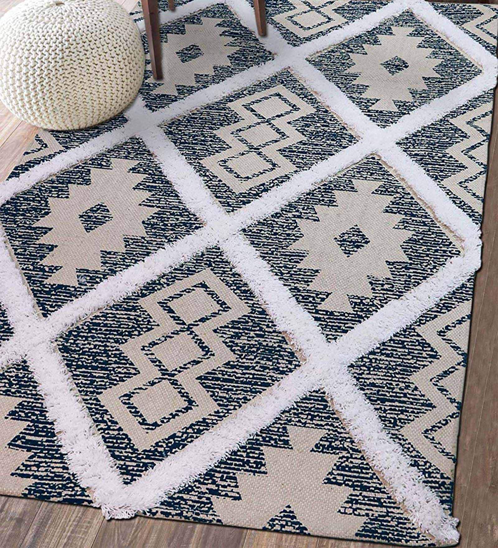 Blue Hand Tufted 3 X 5 Feet Cotton Dhurrie