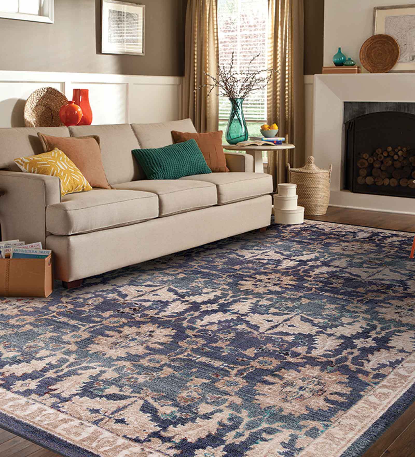 Blue Polypropylene Traditional 6 x 9 Feet Machine Made Carpet