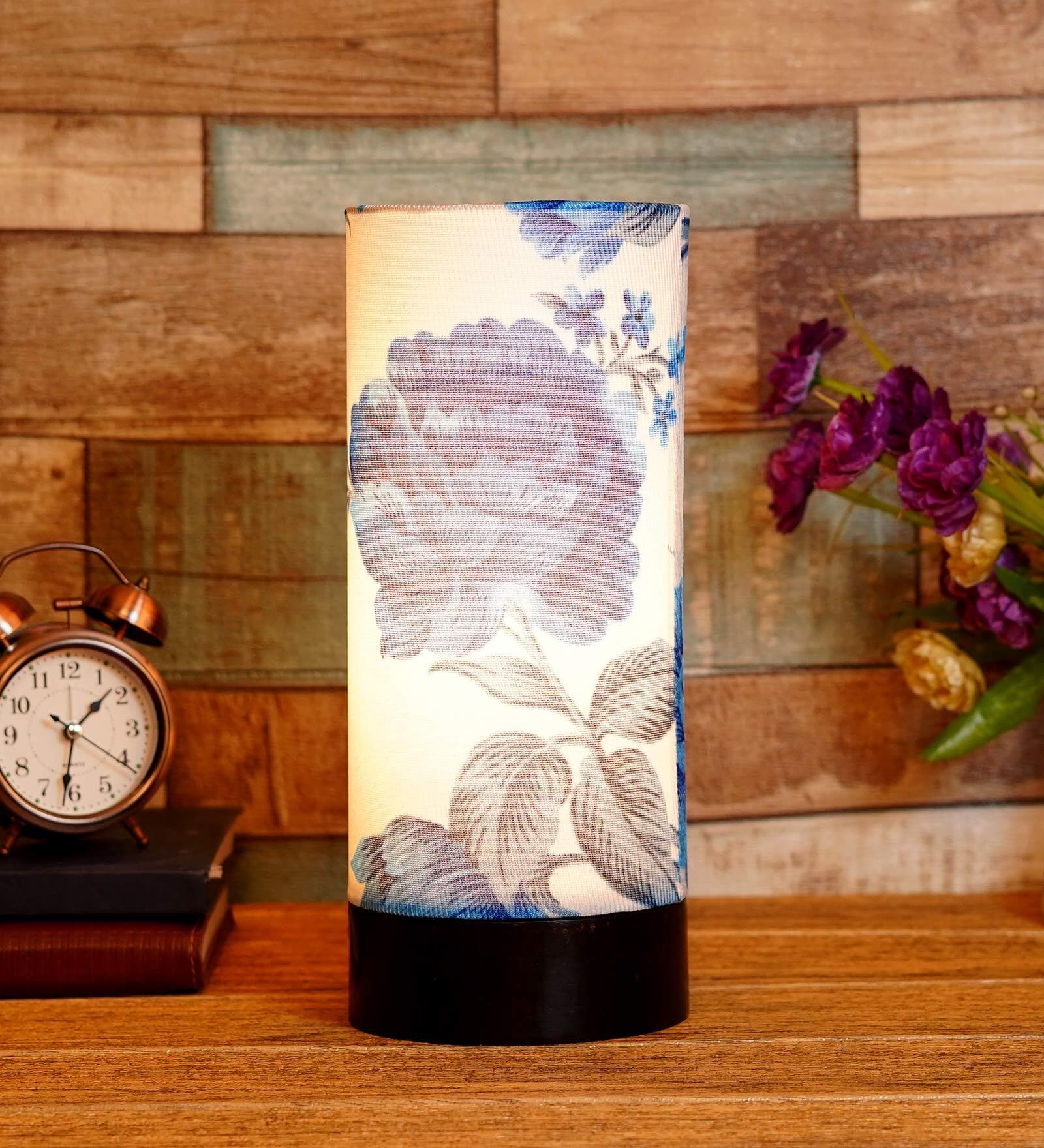 Regis Blue Fabric Shade Table Lamp With Wood Base