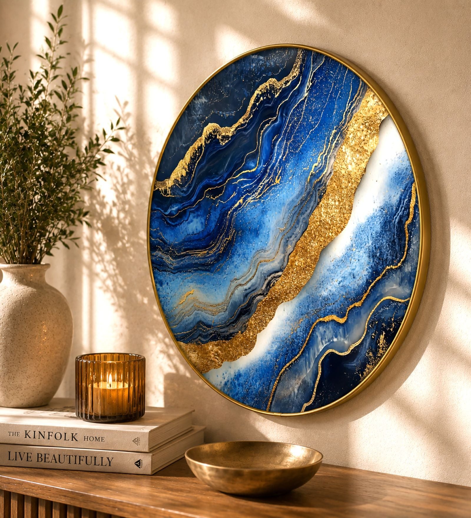 Blue, Teal & Gold Abstract Round Wall Art 15 Inch