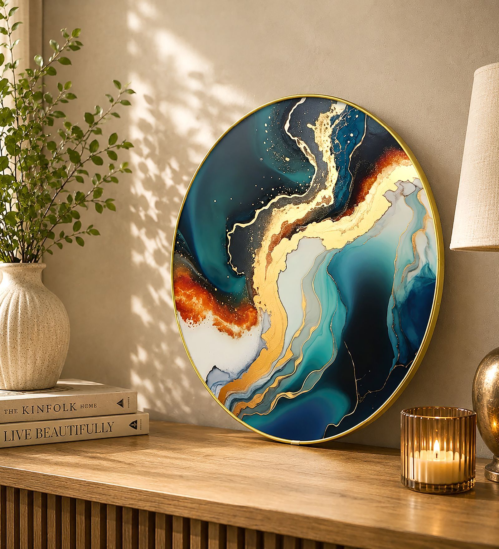 Blue, Teal & Gold Abstract Round Wall Art 15 Inch