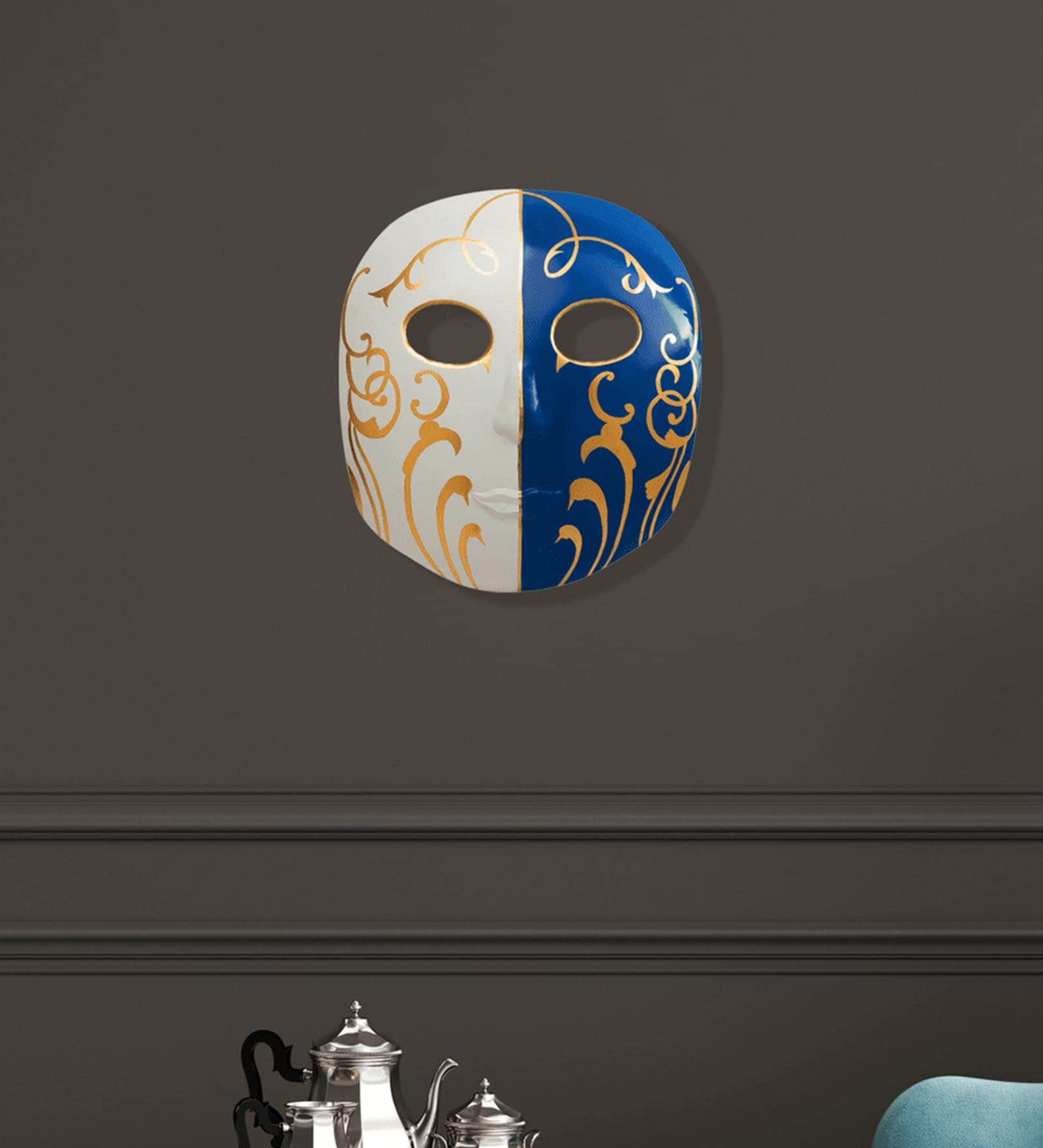 Blue- White-Golden Metal 15.74 Inch Elegance Duo Wall Mask