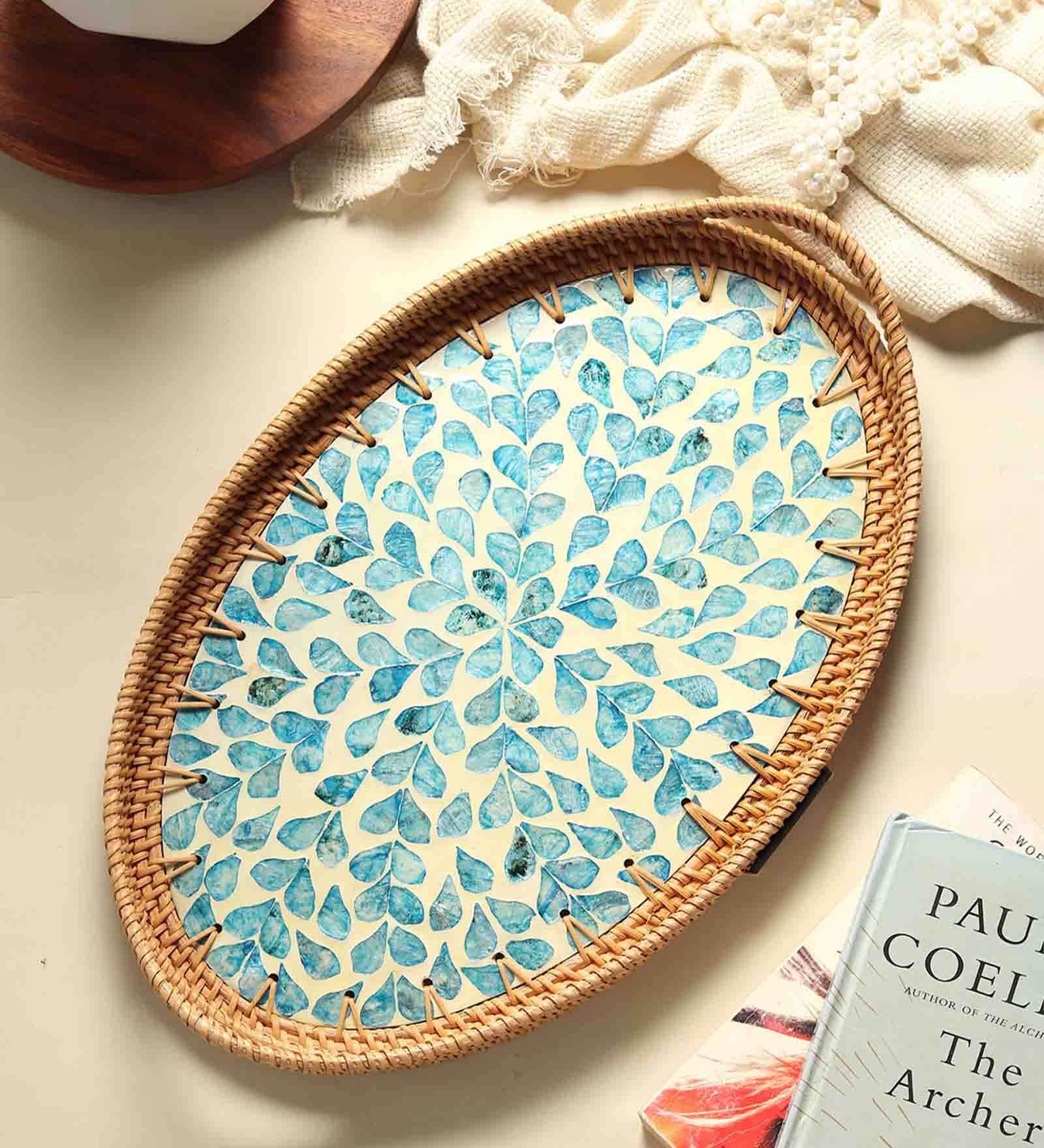 Blue  Cane Oval Serving Tray
