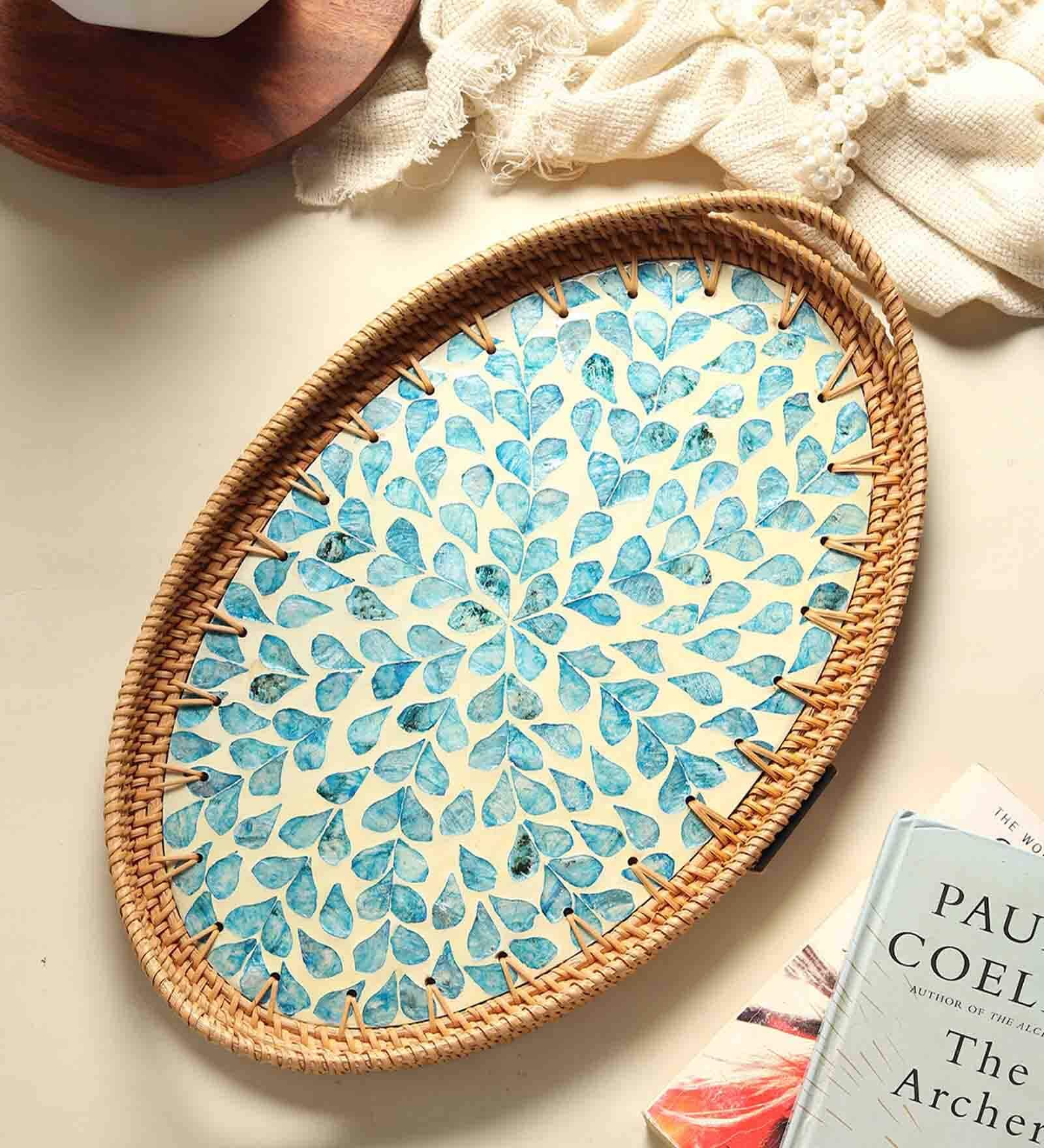 Blue  Cane Oval Serving Tray