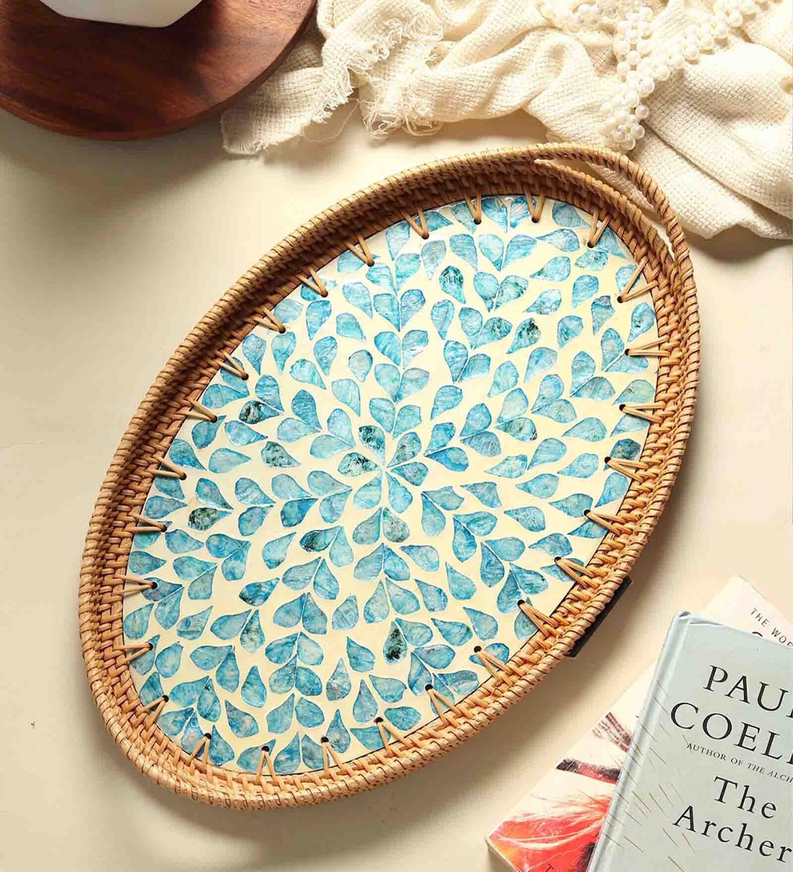Blue  Cane Oval Serving Tray