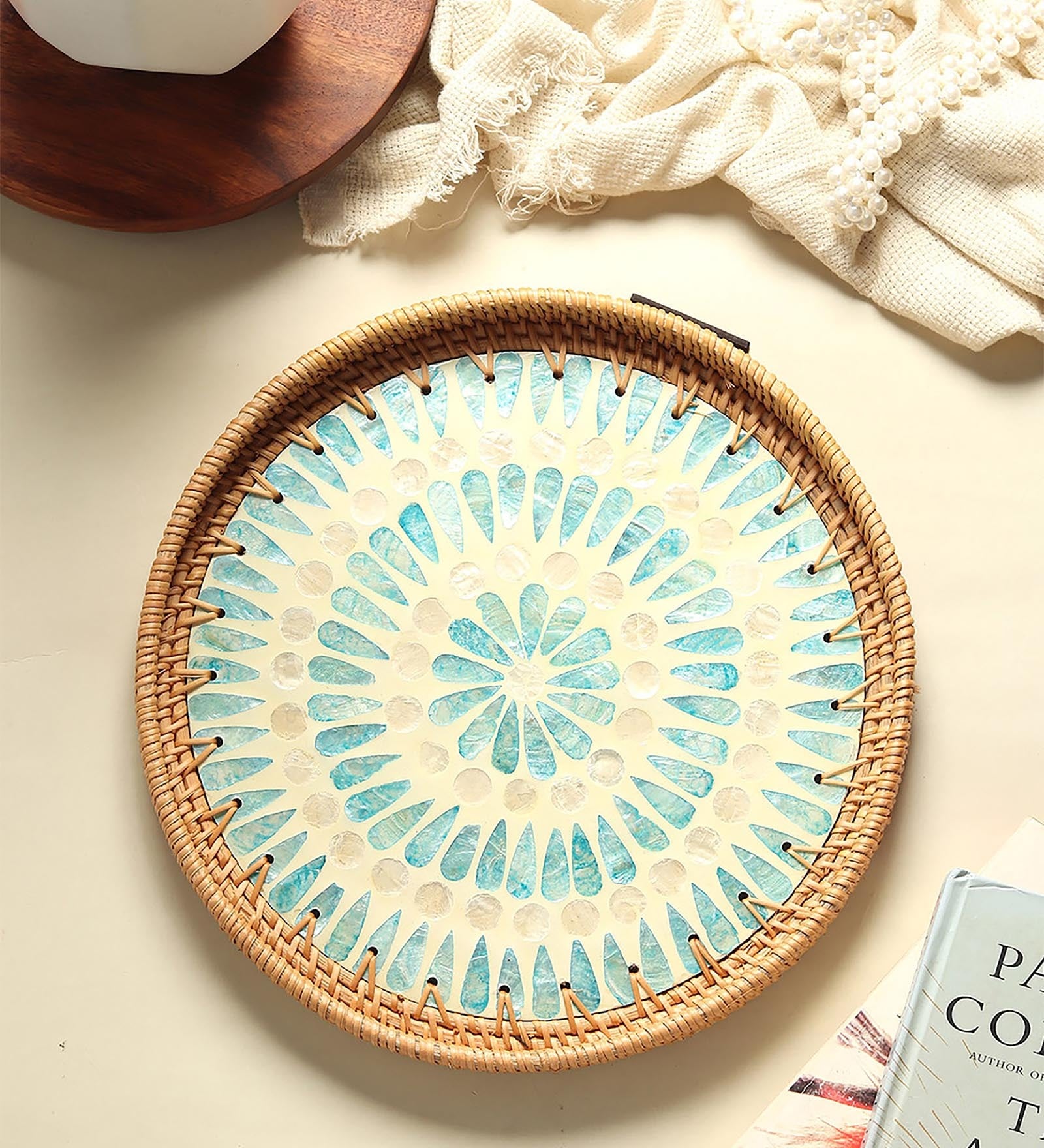 Blue Cane Round Serving Tray (Small)