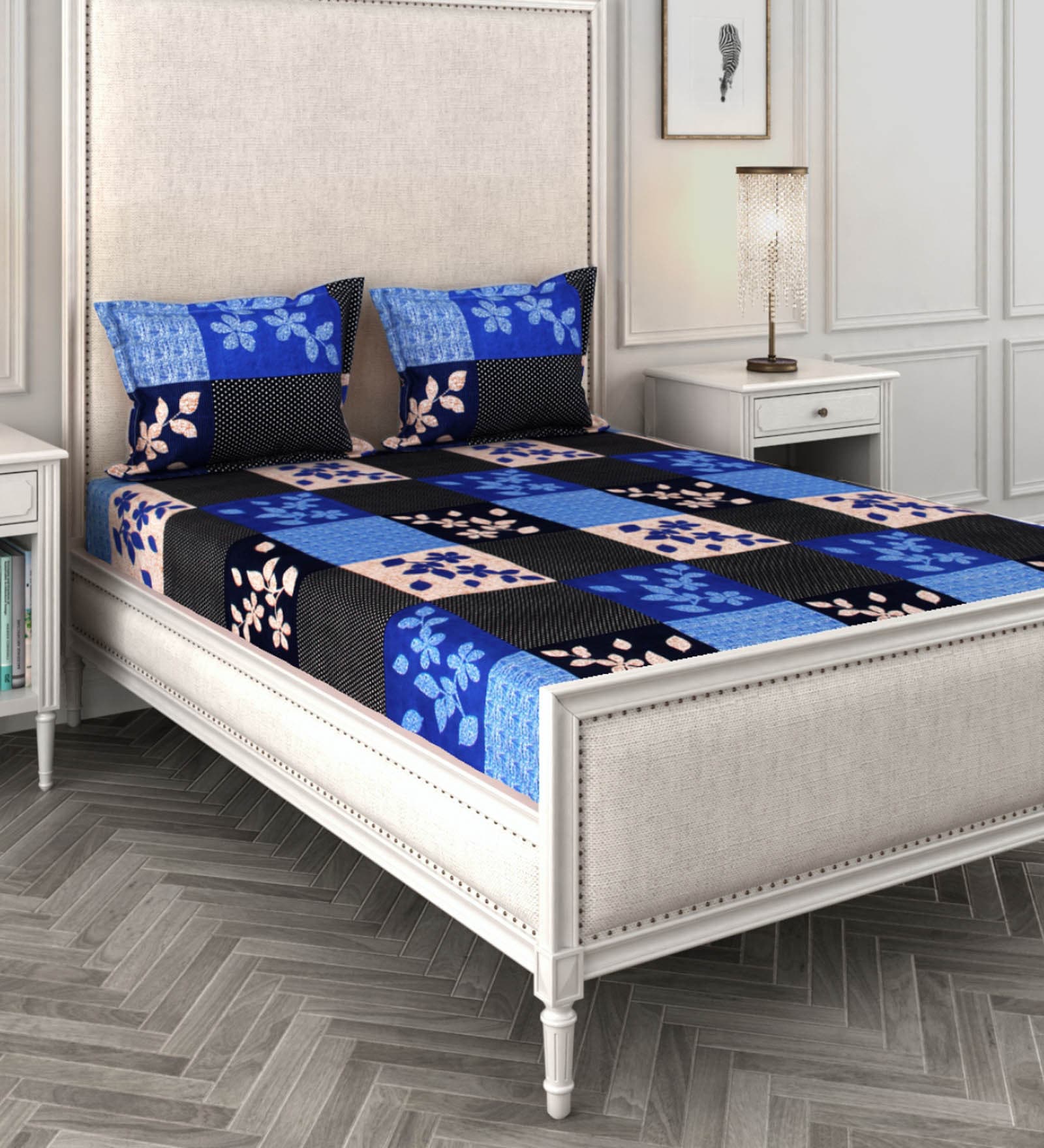 Blue Floral 144 TC Microfiber Double Sized Bedsheet With 2 Pillow Covers