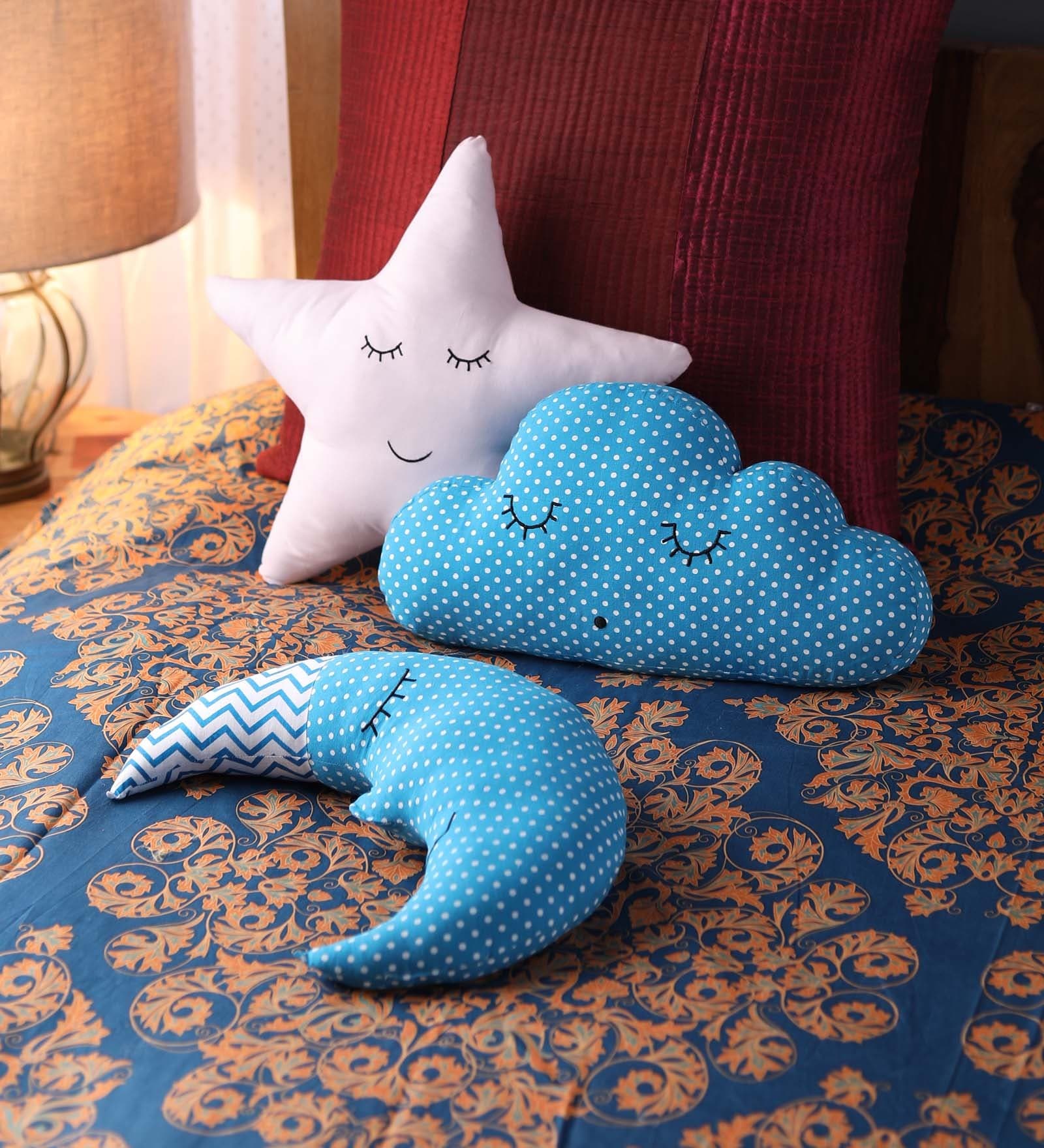 Blue Cotton Star Cloud & Moon Shaped Shaped Cushions (Set of 3)