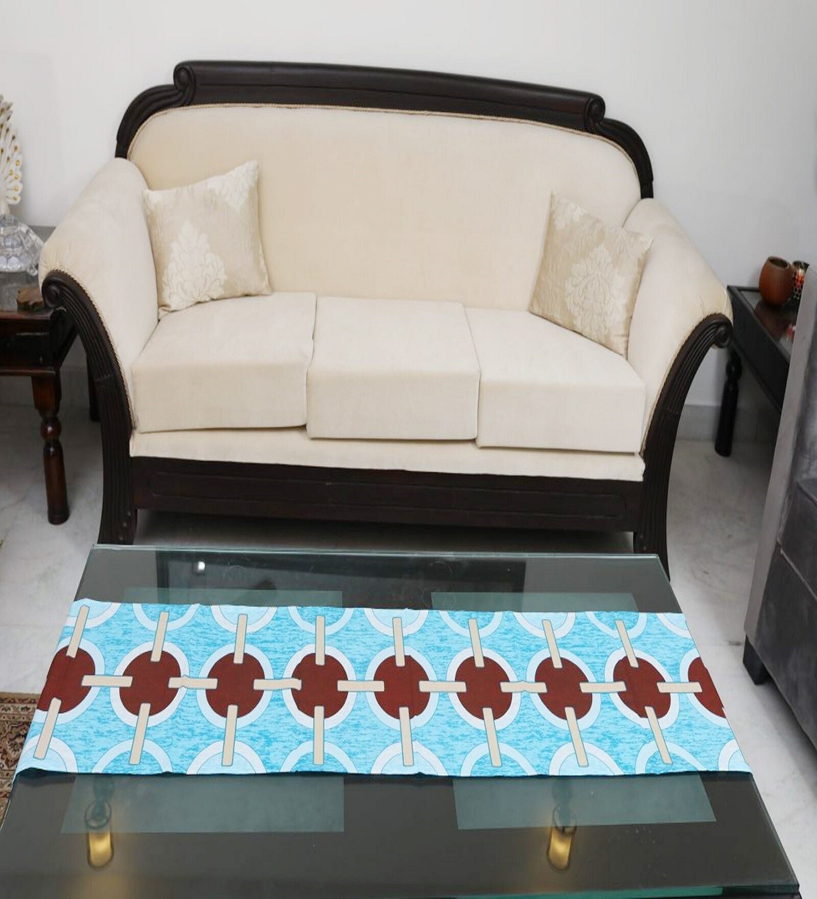 Floral Circles (72x13) Sky Blue & Brown Cotton Table Runner