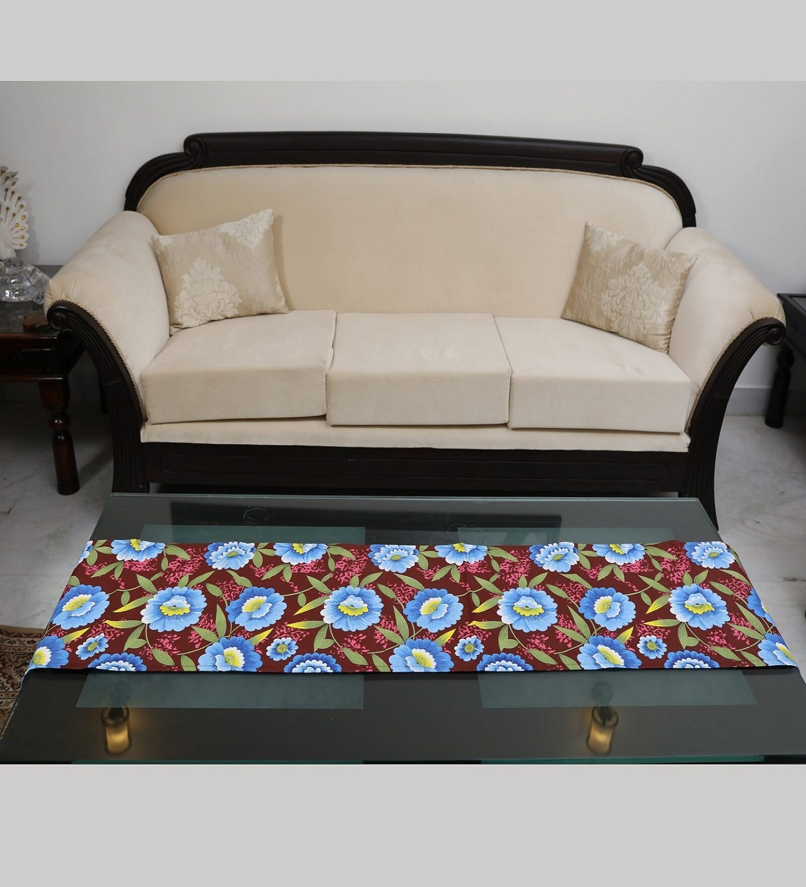 Floral Passion (72x13) Blue & Brown Cotton Table Runner