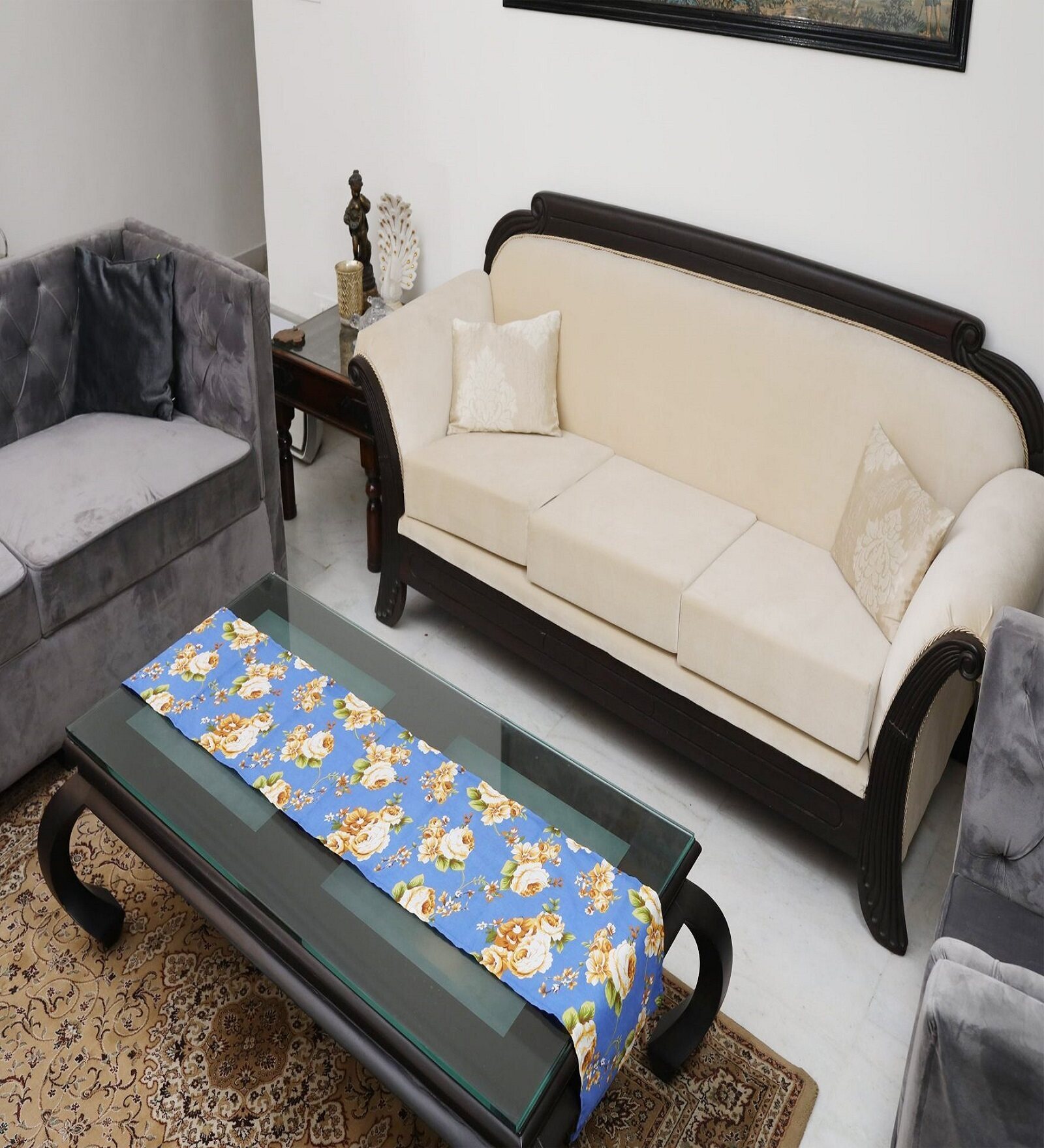 Floral (72x13) Blue & White Cotton Table Runner
