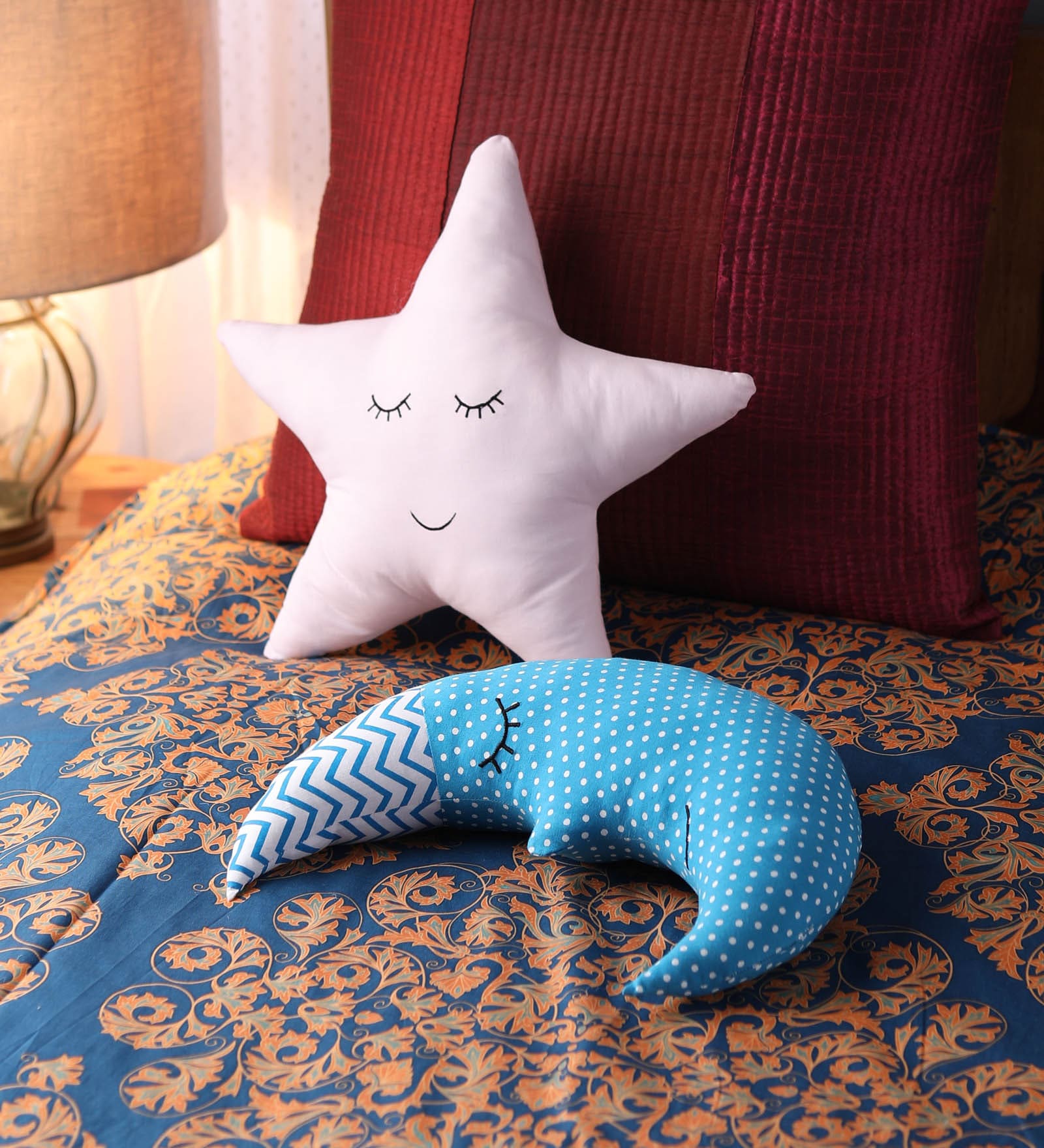 Blue Cotton Start & Moon Shaped Cushions (Set of 2)
