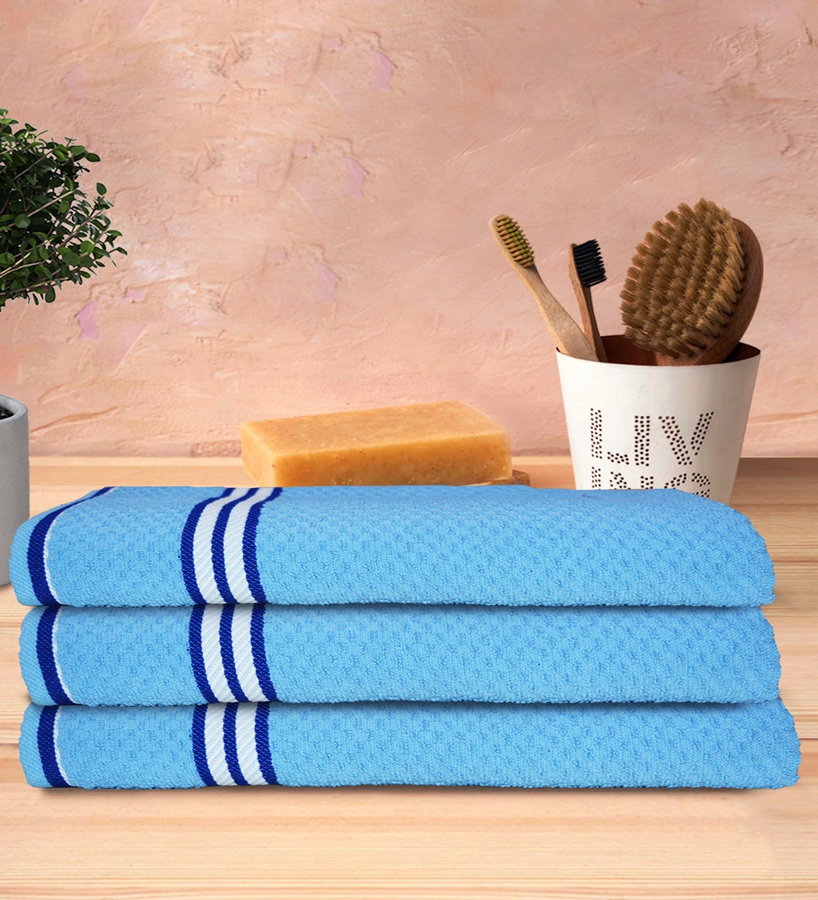 Blue 100% Cotton Patterned 400 GSM Bath Towels (set of 3)