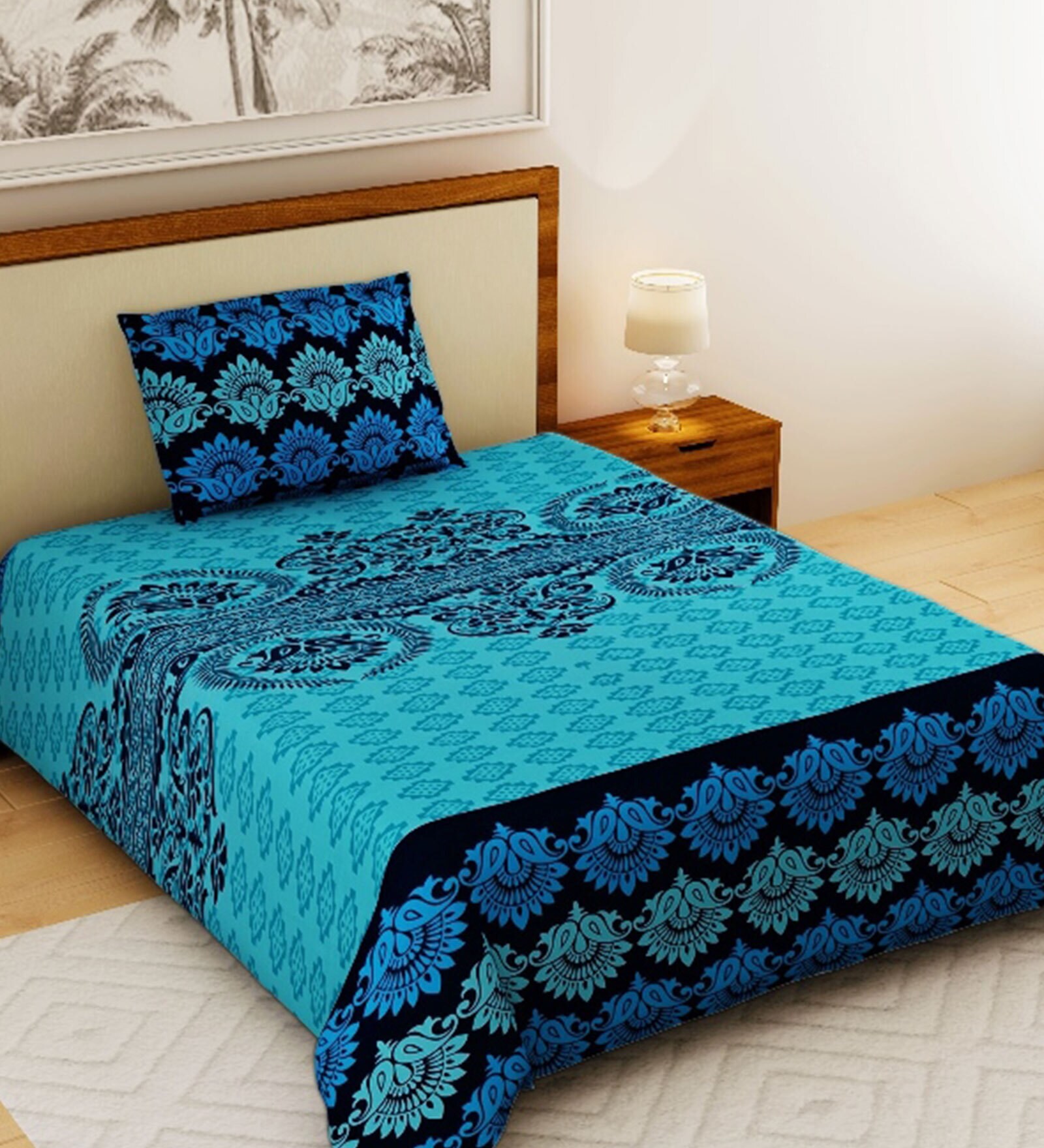 Buy Blue 100 Cotton Floral 120 TC 1 Single Bedsheet With 1 Pillow