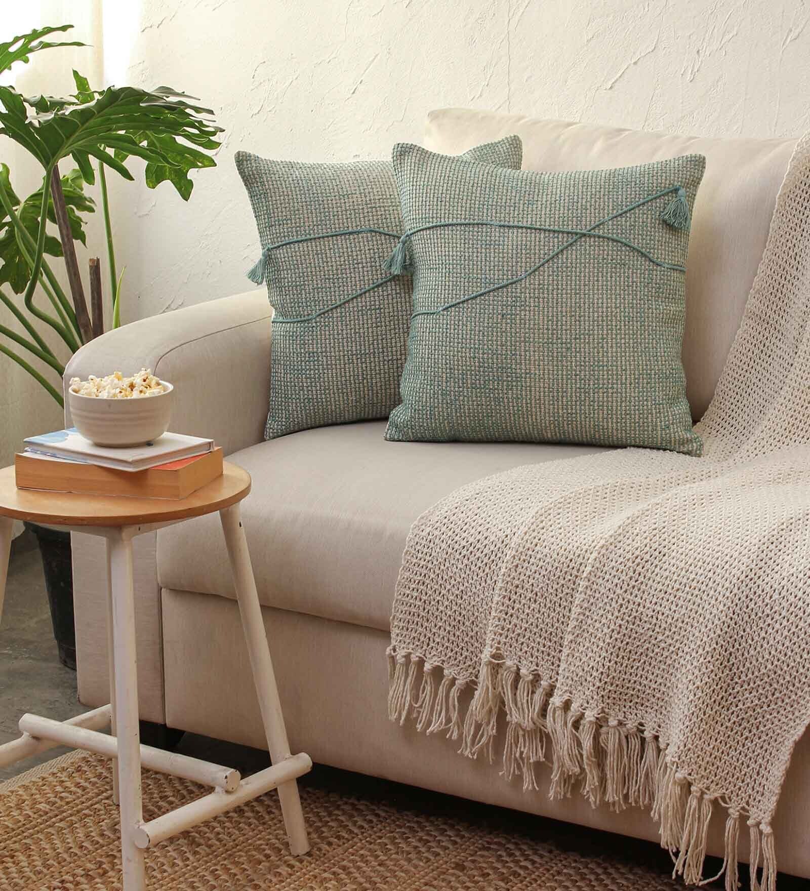 Blue 100% Cotton Solid 16x16 inches Cushion Covers (Set of 2)
