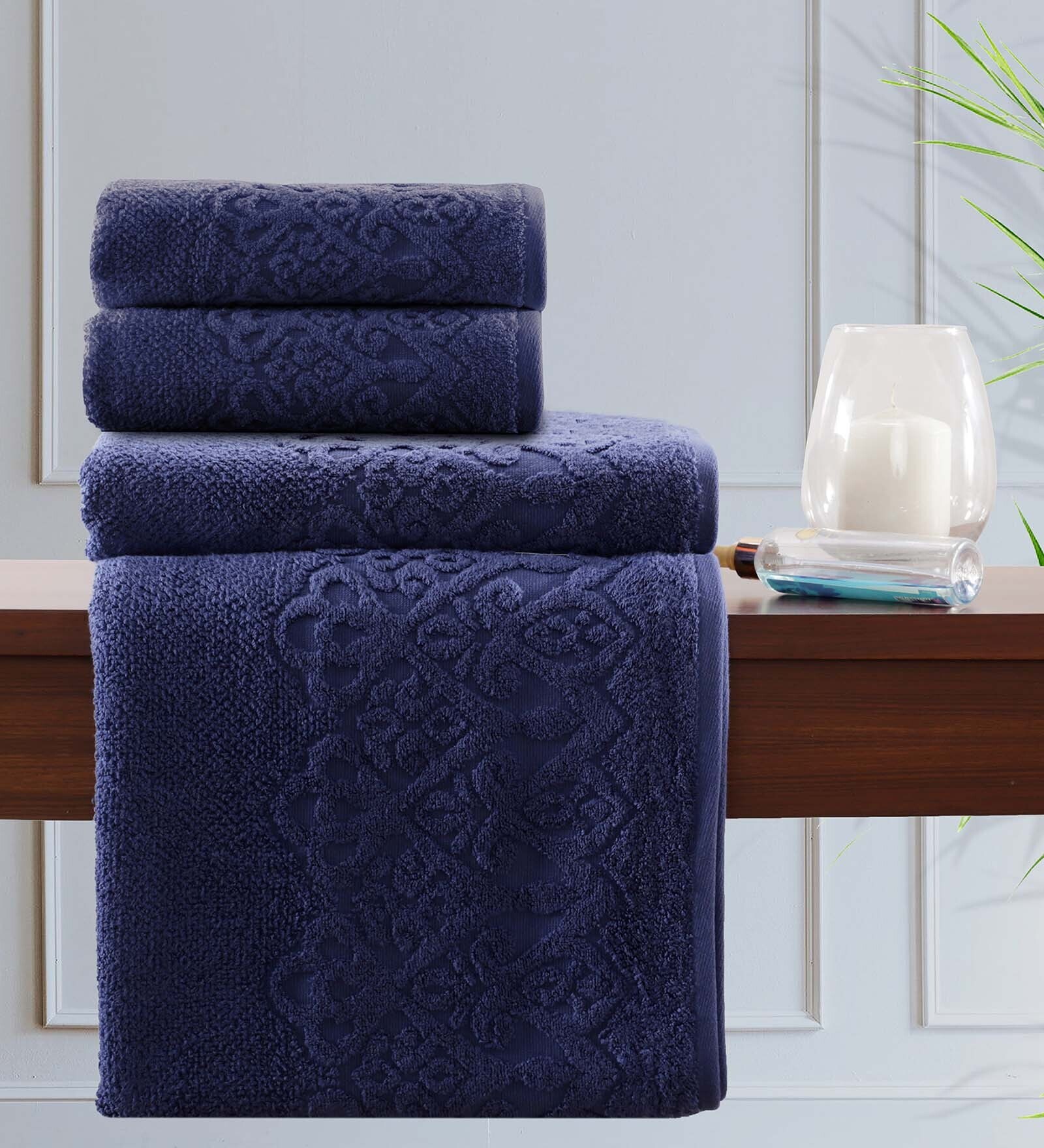 Blue Patterned 550 GSM Cotton Towel Sets (Set of 4)