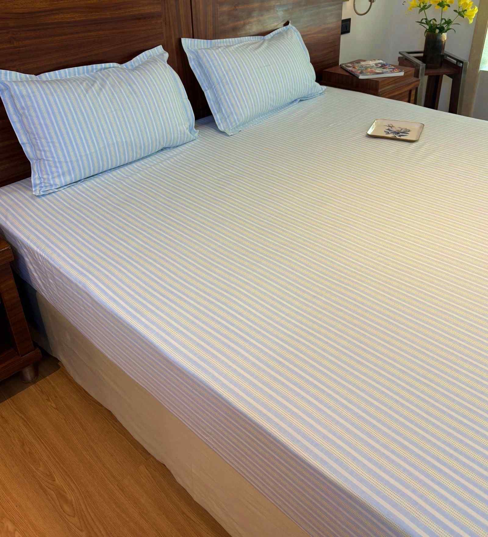 Blue 100% Cotton Striped Print Double Bedsheet with 2 Pillow Covers Spring Summer 2025 Collection