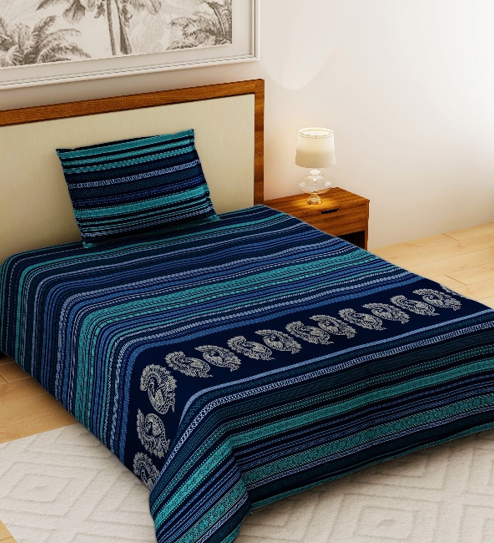 Blue Geometric 120 TC Cotton Single Bed Sized Bed Sheets With 1 Pillow Cover