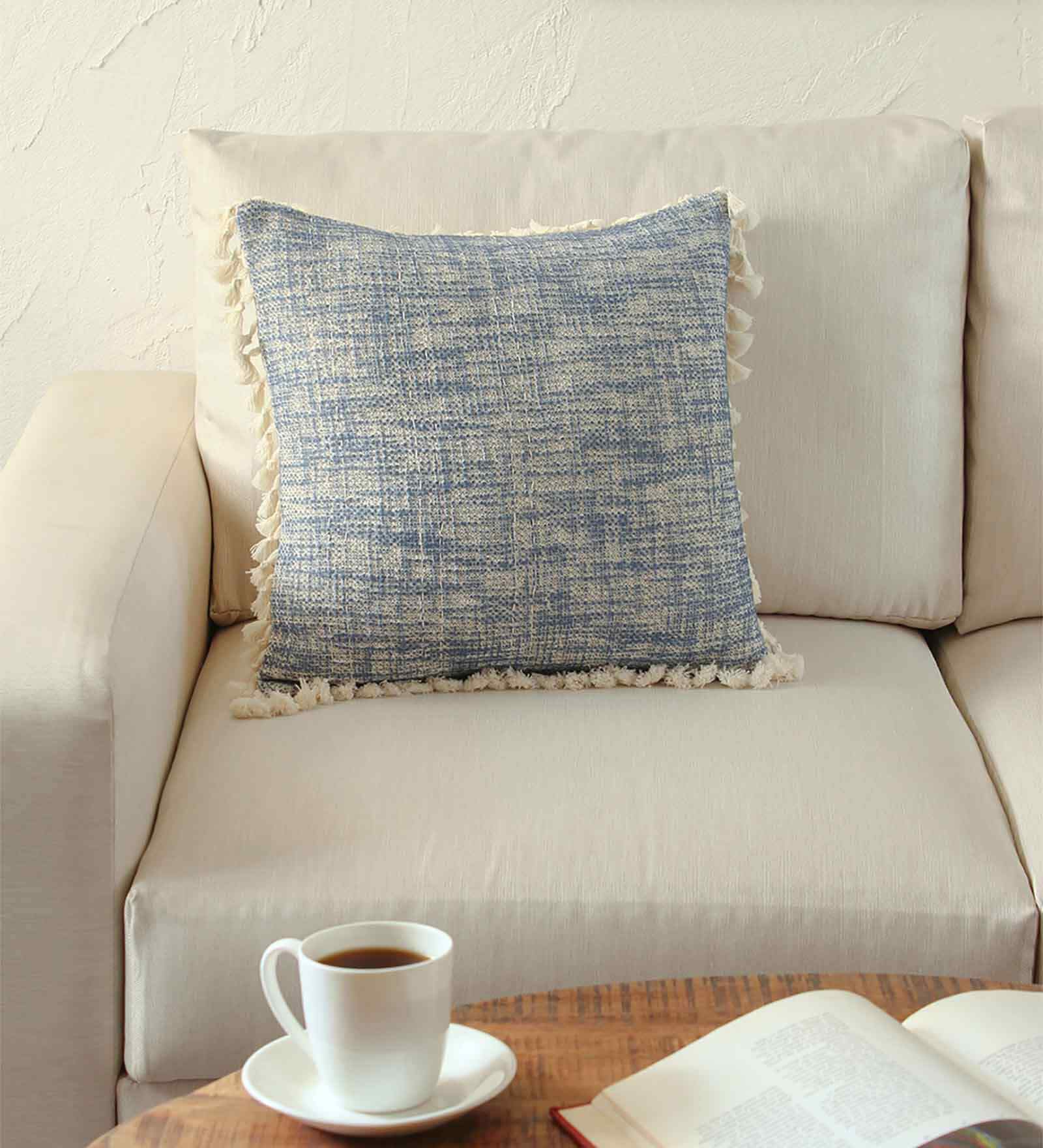 Blue 100% Cotton Textured 18x18 inches Cushion Covers (Set of 2)