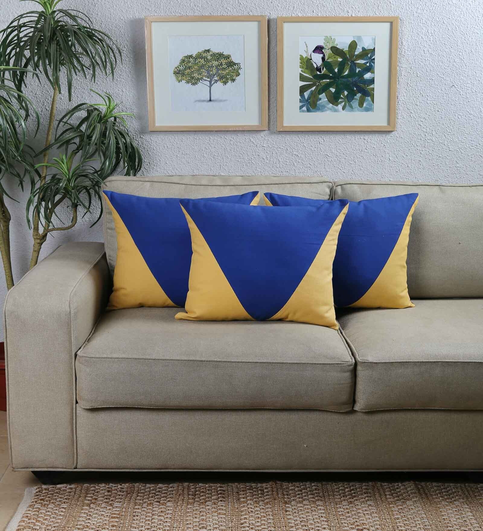 Blue 100% Cotton Striped 16x16 inches Cushion Covers (Set of 3)