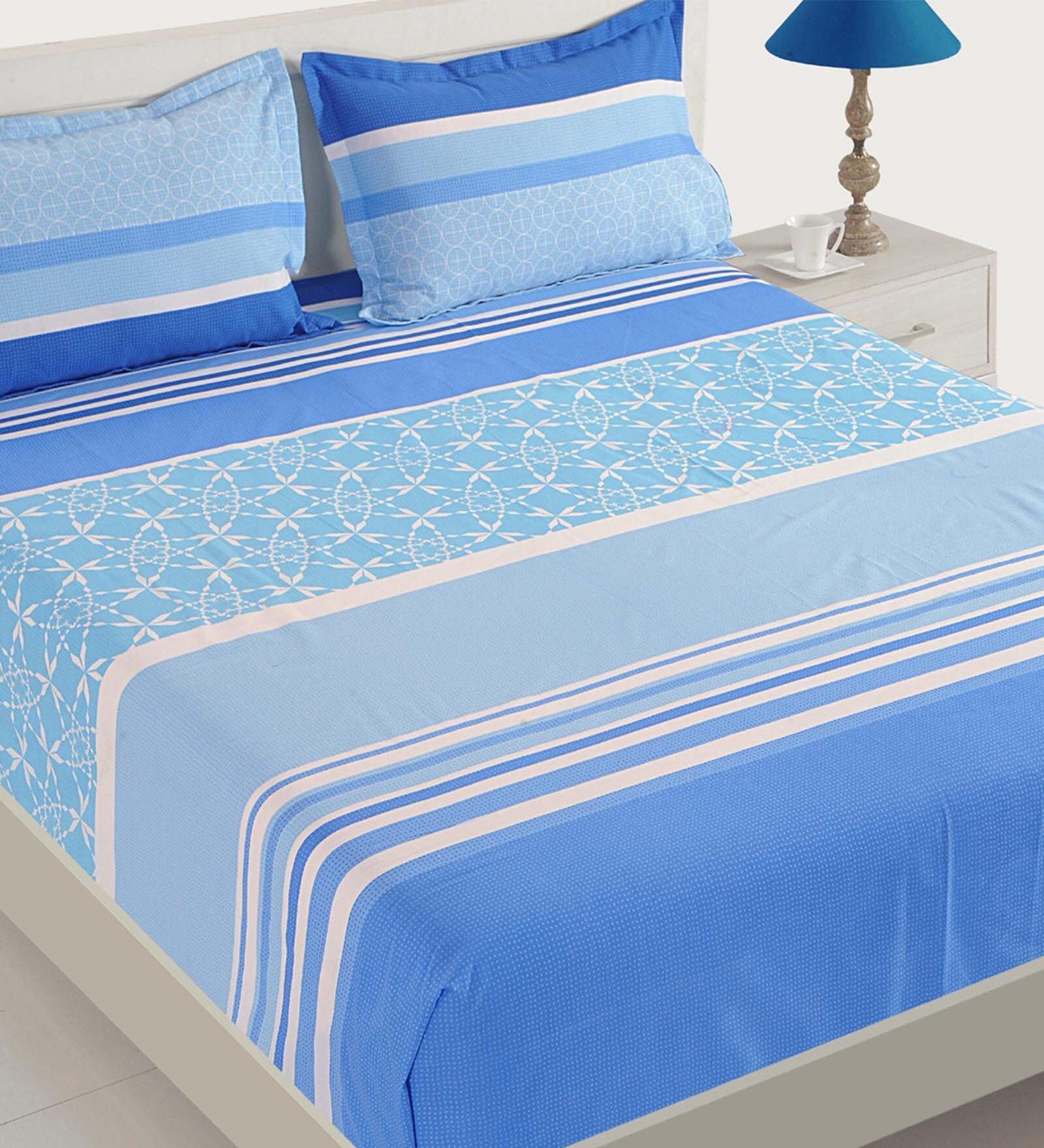 Blue 120 TC Stripes Print Cotton Fitted Double Bed Sheet with 2 Pillow Cover