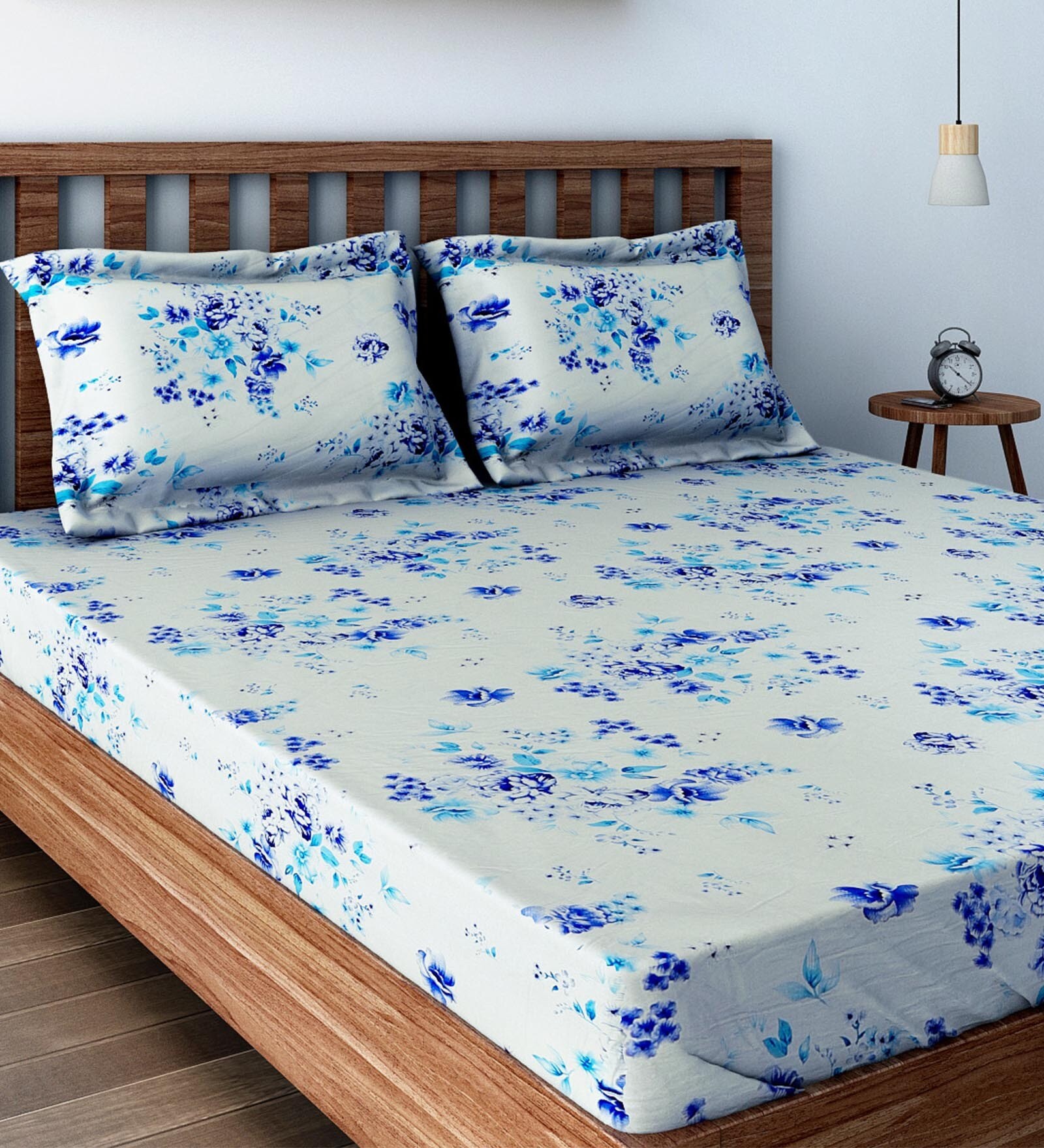 Buy Blue Floral 160 TC Cotton Single Bed Sized Bed Sheets With 1 Pillow