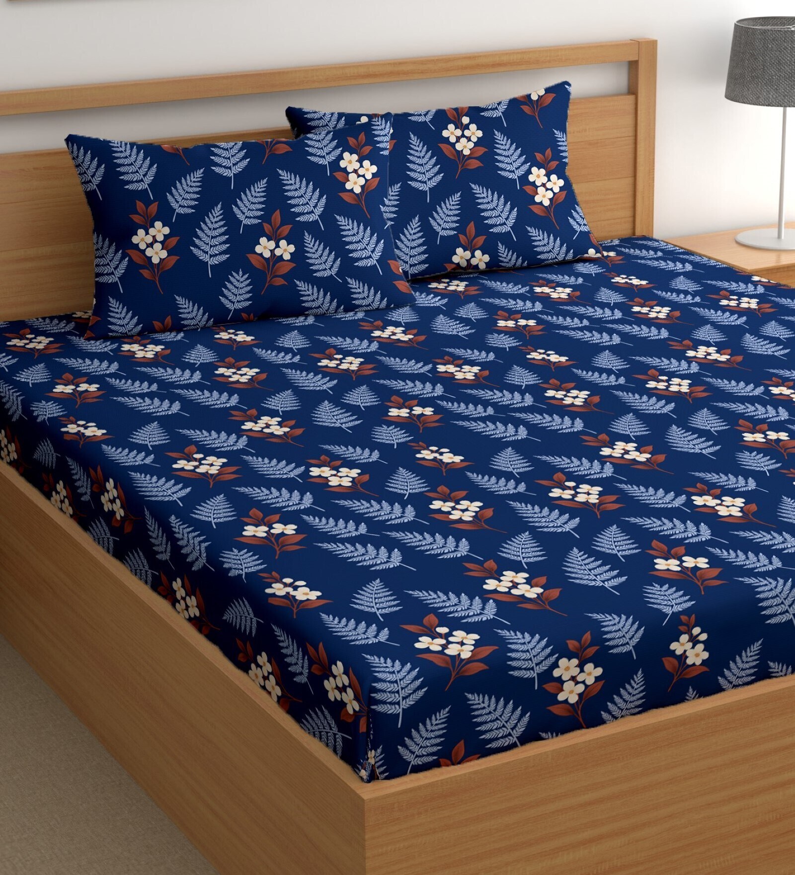 Blue 180 TC Floral Cotton Queen Double Bedsheet 2 Pillow covers