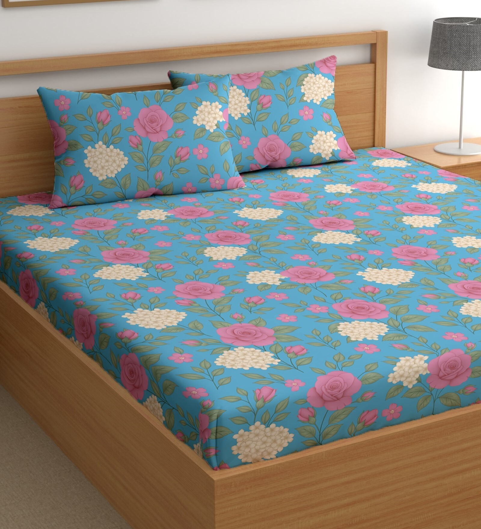Blue 180 TC Floral Cotton Queen Double Bedsheet 2 Pillow covers