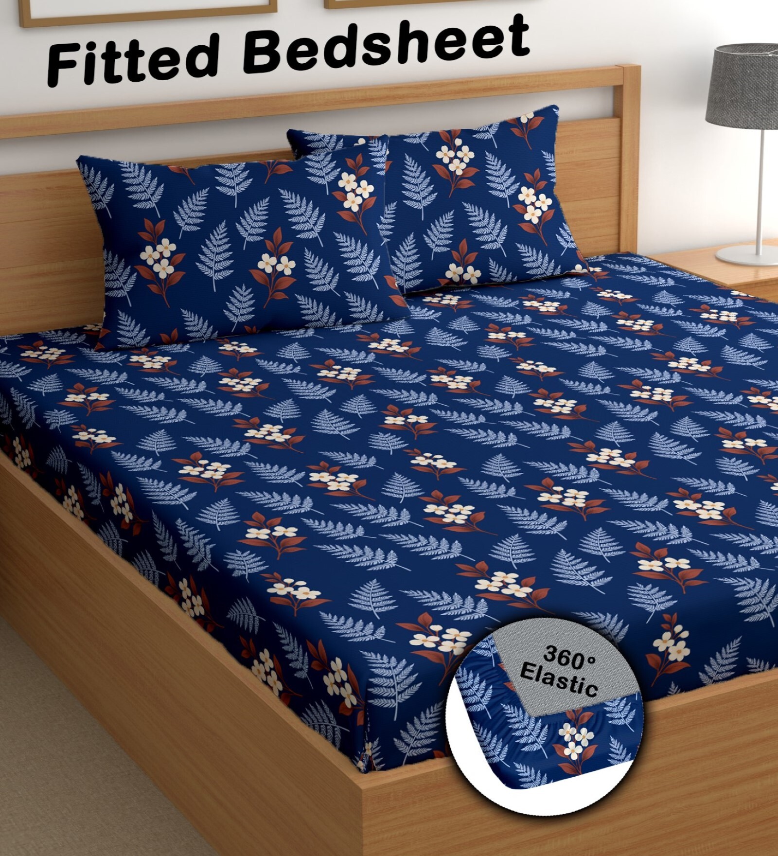 Blue 180 TC Floral Cotton Fitted Double Bedsheet 2 Pillow covers