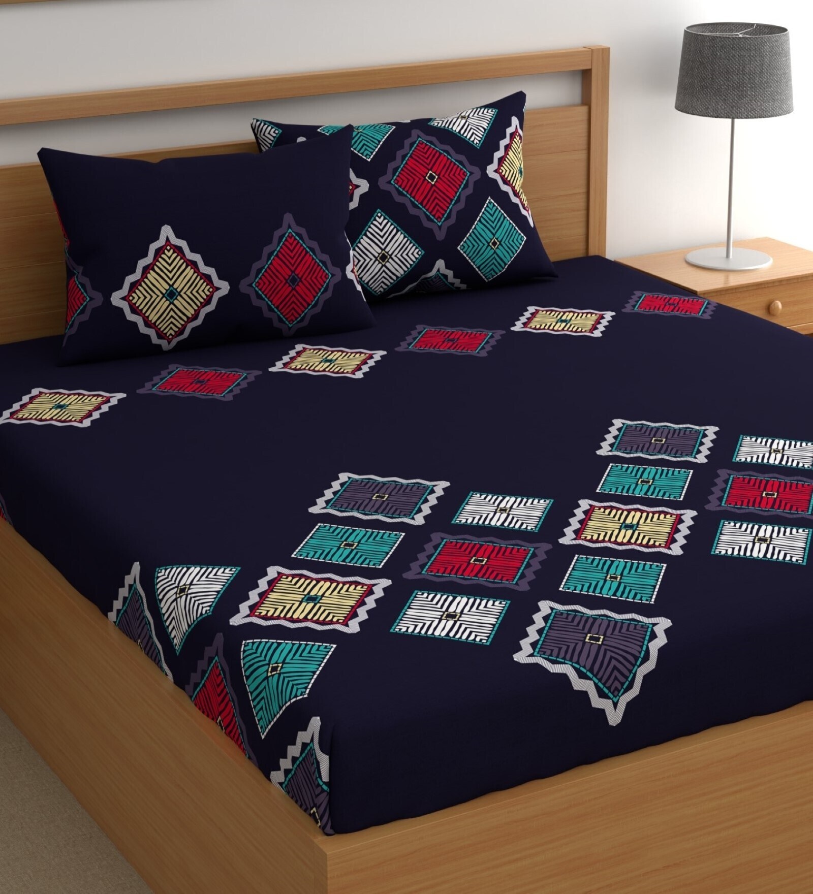 Blue 180 TC Geometric Cotton Queen Double Bedsheet 2 Pillow covers
