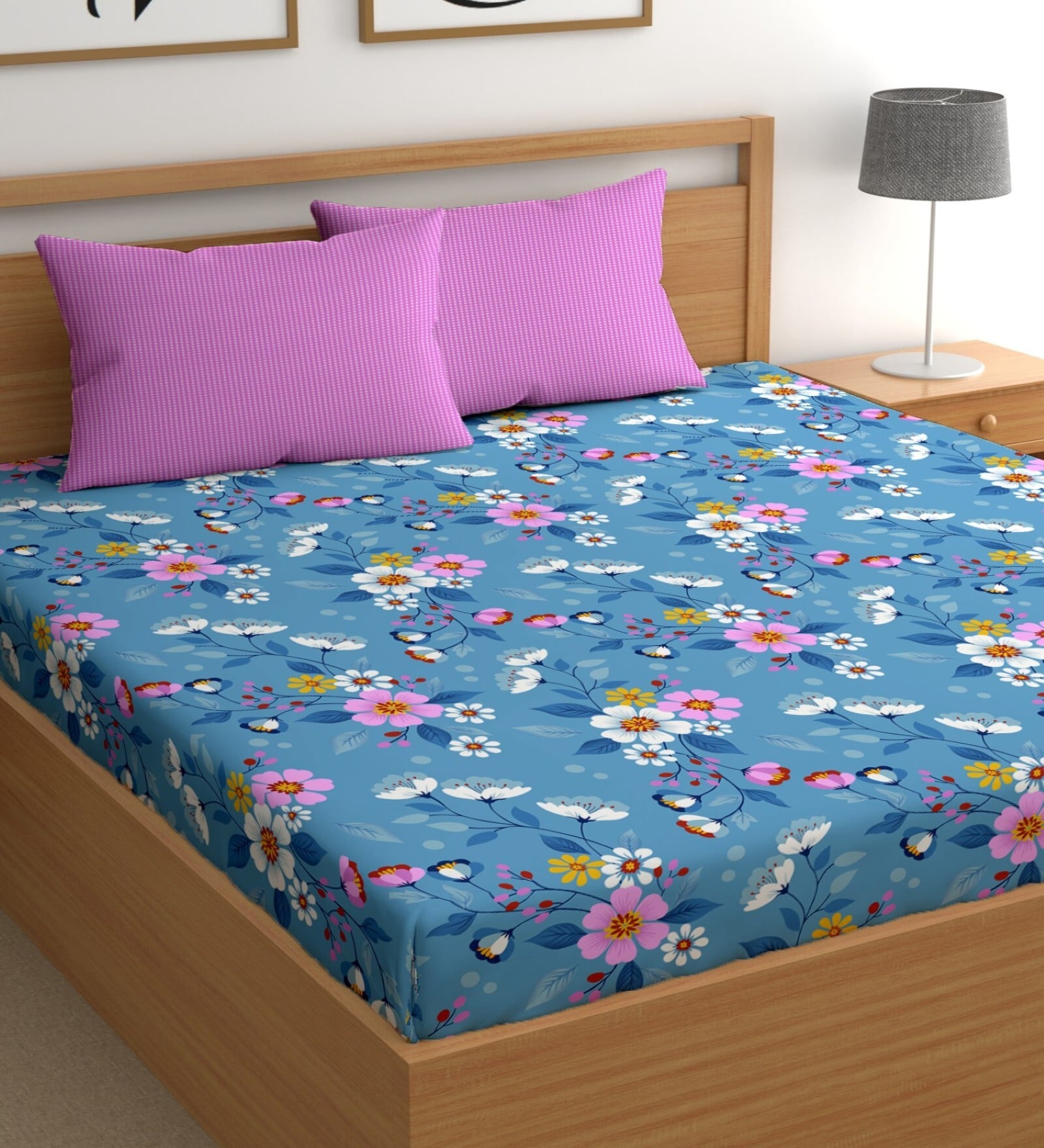Blue 180 TC Floral Cotton Queen Double Bedsheet 2 Pillow covers
