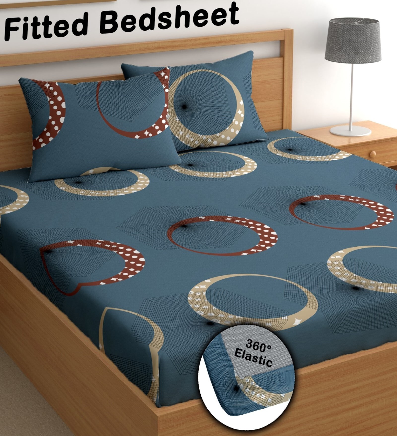 Blue 180 TC Geometric Cotton Fitted Double Bedsheet 2 Pillow covers